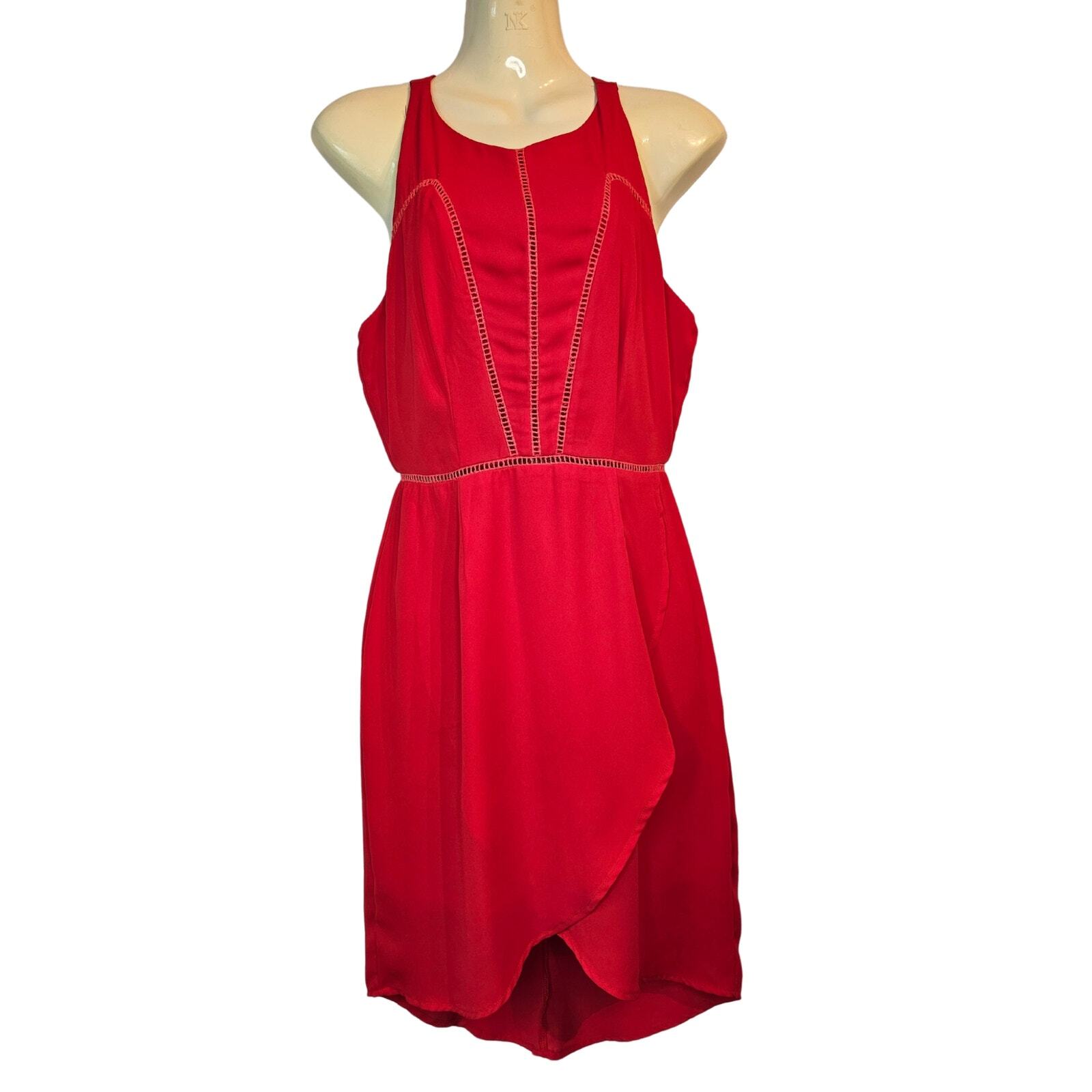 Sienna Sky High Low Sleeveless Crochet Asymmetrical Tulip Mini Dress Red S
