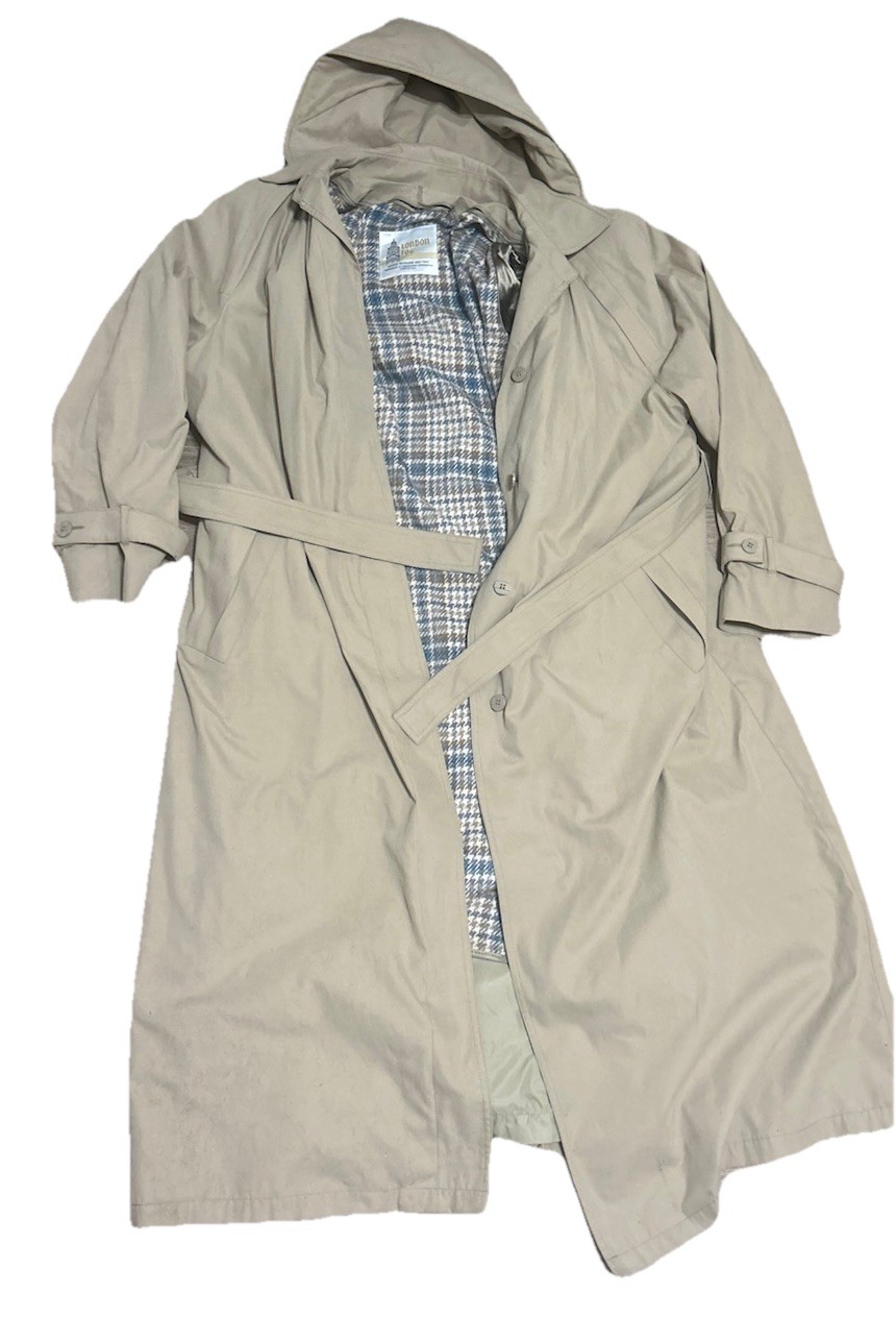 London Fog Sand Zip Out Houndstooth Lining Maxi Length Belted Trench Coat 16R