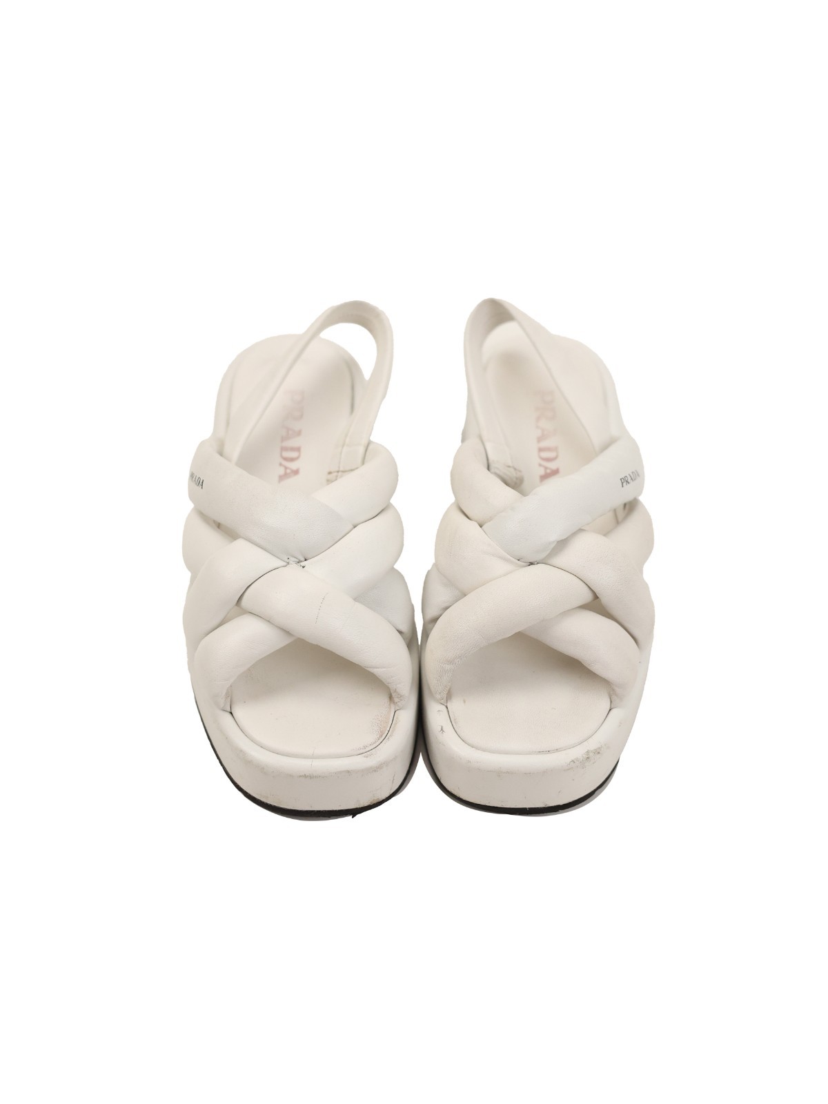 Women’s PRADA Padded Nappa Leather Flatform Sandals in white. Size: 38.5 EU
