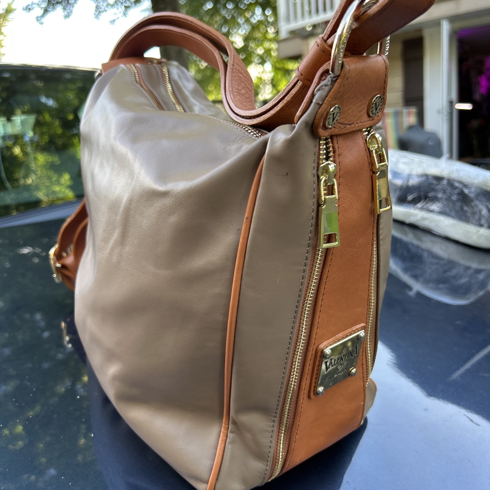 Valentina Large Dual Pocket Shoulder Bag Sling Brown/ Yellow Mustard, Italy