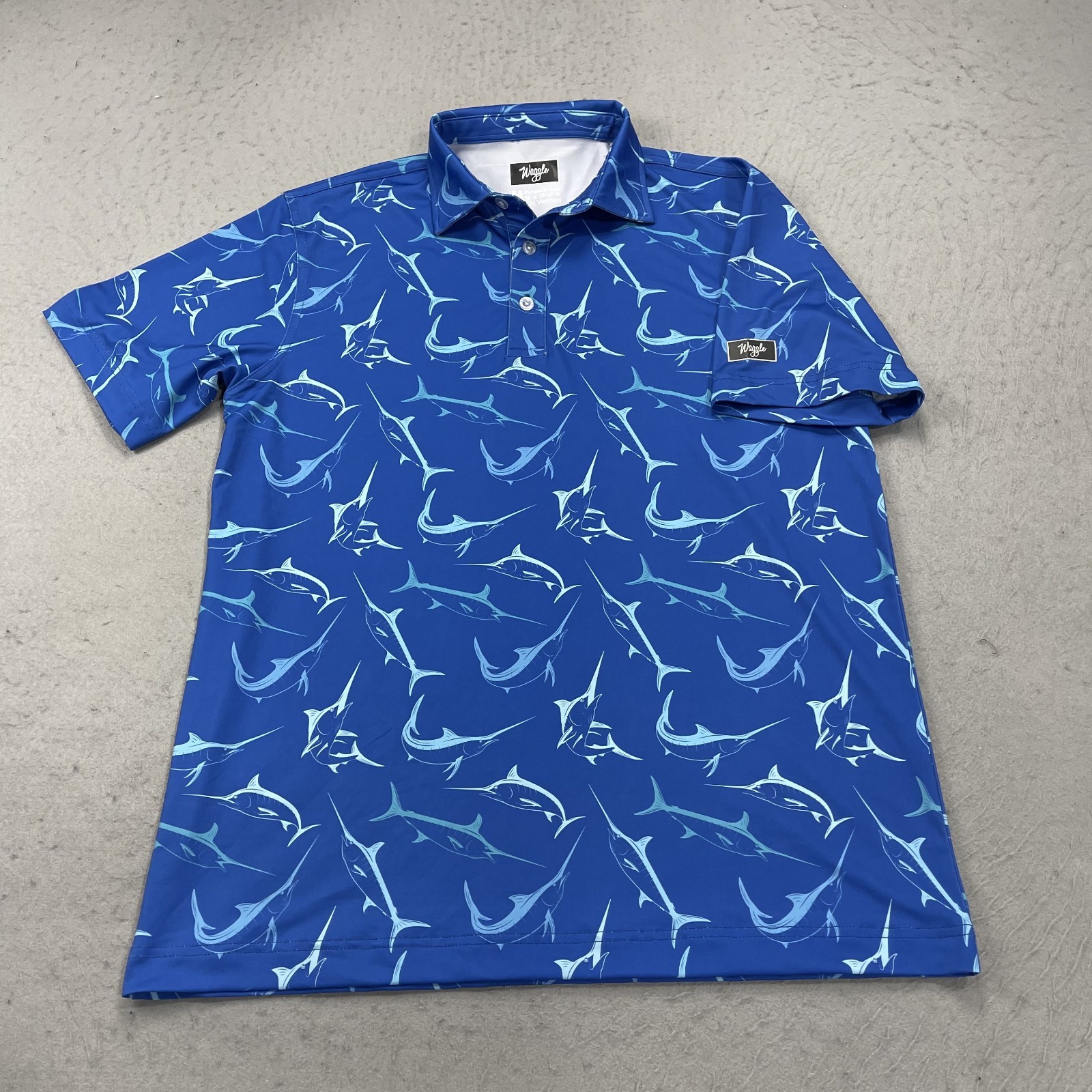 Waggle Golf Polo Shirt Mens Medium Blue Performance Marlin Fish Short Sleeve