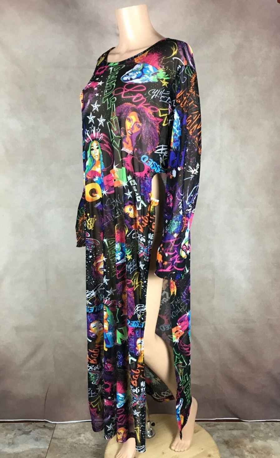 Graffiti Printed High Slit Sheer Mesh Maxi Dress 4X