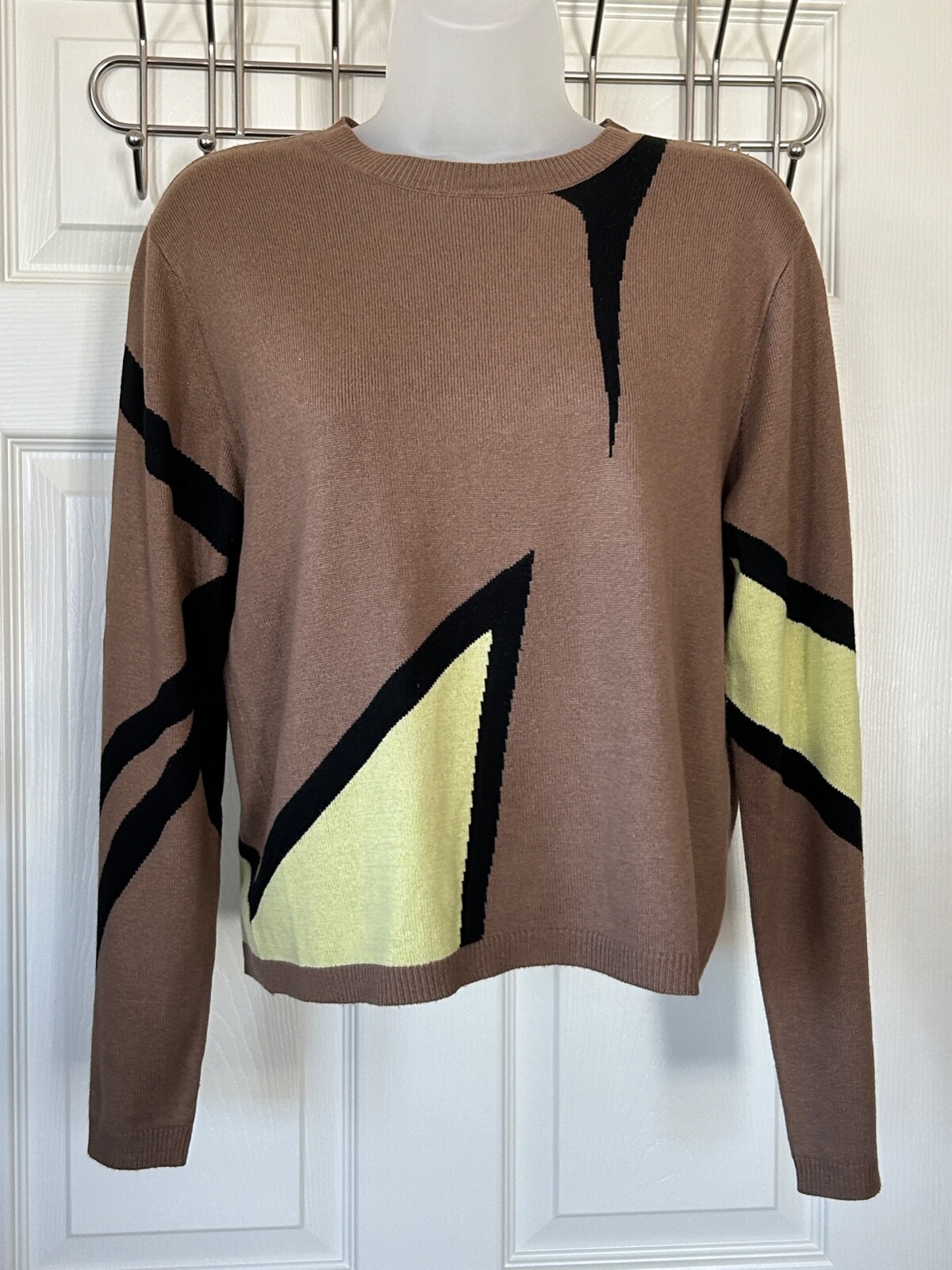 Jamie Sadock Size S Abstract Long Sleeve Black,Brown & Yellow Silk Sweater-EUC