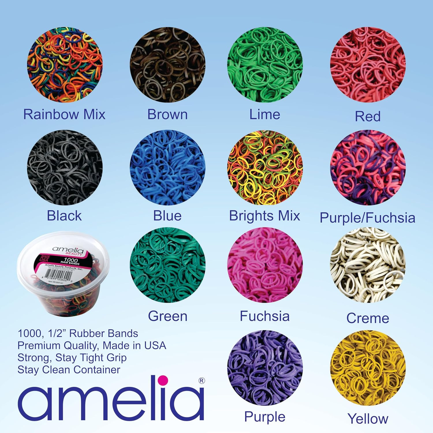 Amelia Beauty | 1000 Count 1/2″ Rubber Bands | Premium US Made Black