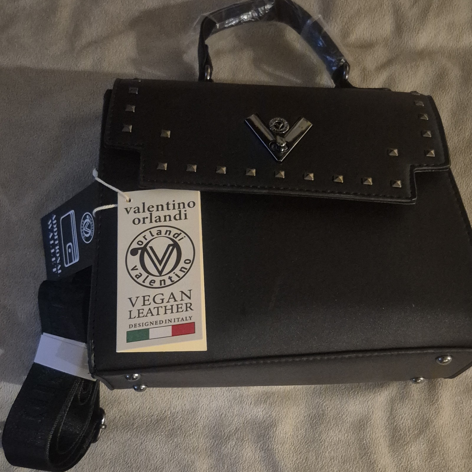 Valentino Orlandi Black Studded Logo Top Handle Satchel, Detachable Strap