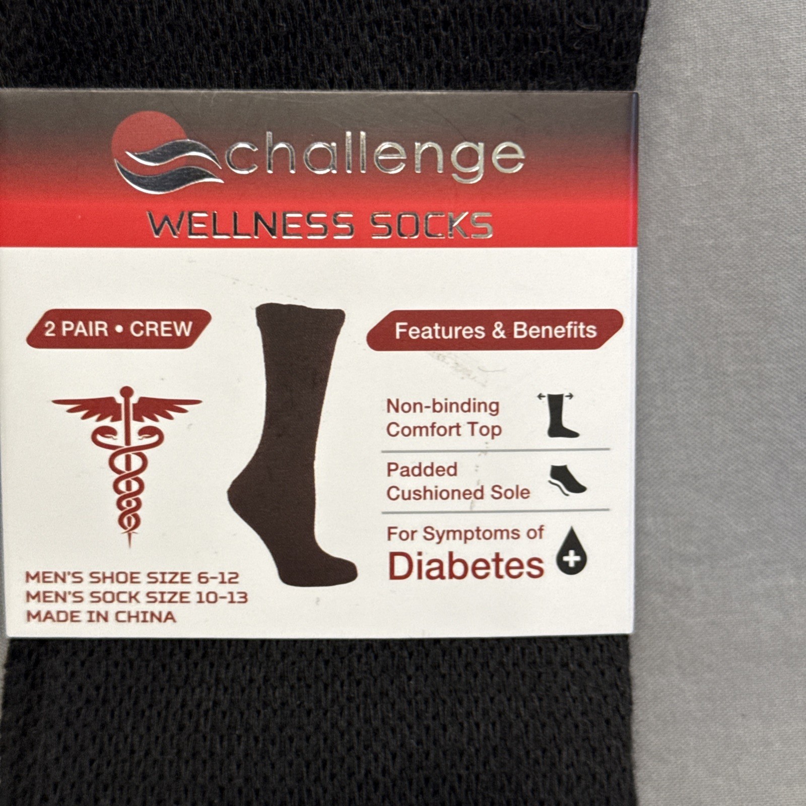 6 Pair Mens Challenge Wellness Non-Binding Crew Socks Diabetes Edema Neuropathy