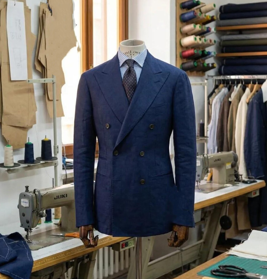 Navy Linen Men’s Suits Casual Summer Beach Wedding Jacket 2Pcs Groom Blazer