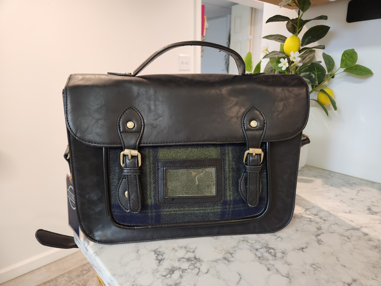 Ecosusi Woman Purse Messenger Bag Vegan Leather Plaid Black
