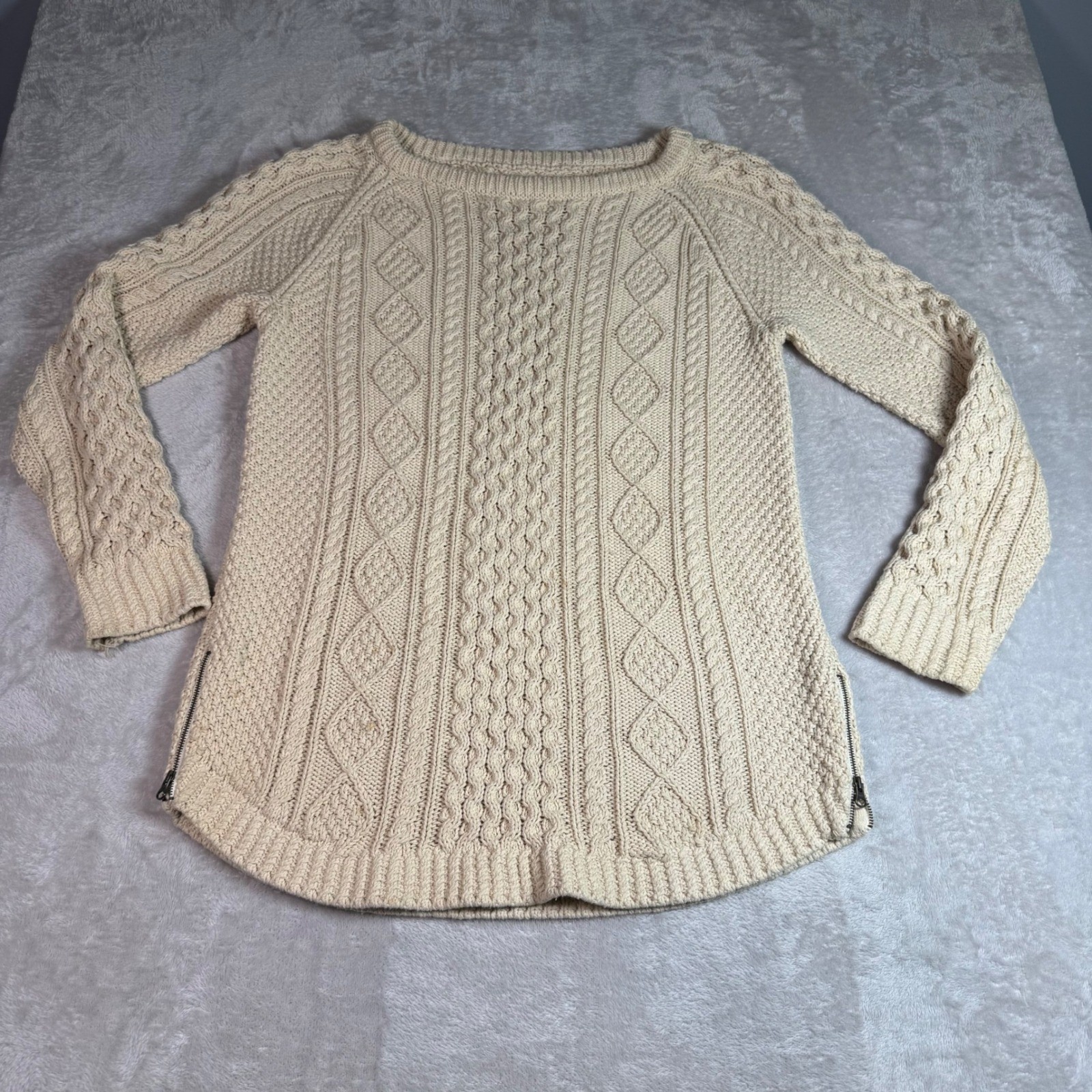 LL Bean Signature Women’s M Cream 100% Cotton Cable Knit Side Zip Sweater S