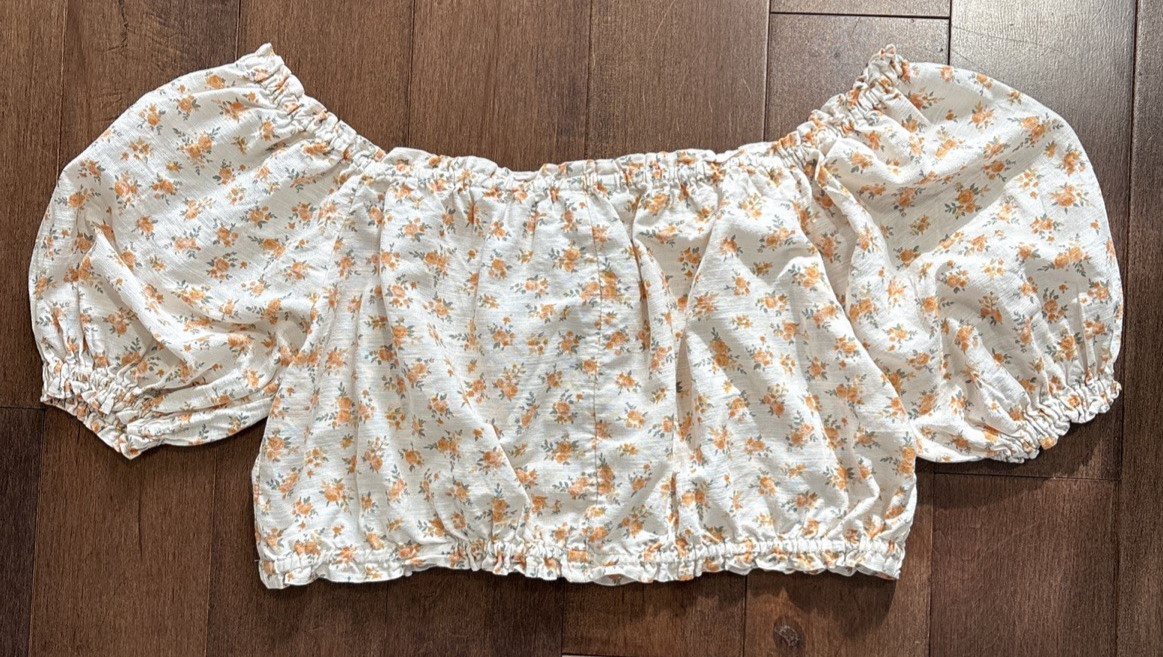 American Eagle Off the Shoulder Bubble Blouse Womens XXL Cream Floral Linen Crop