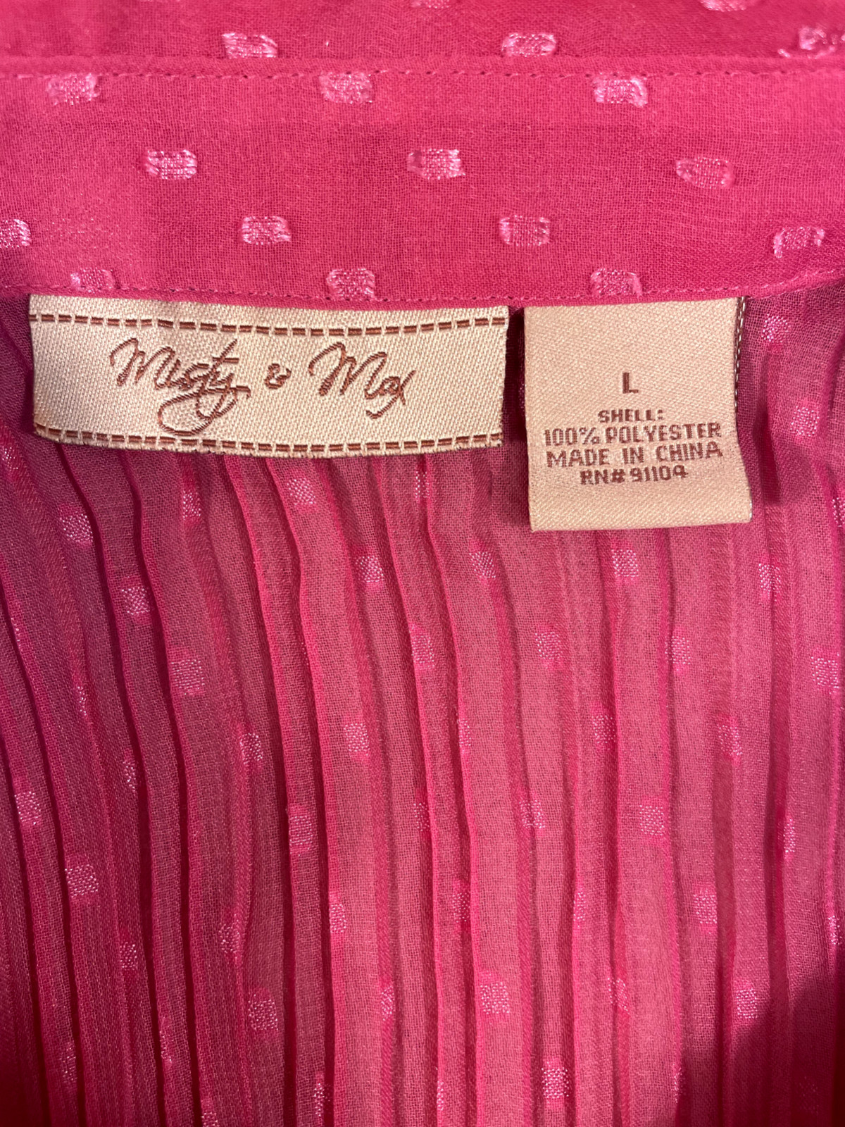 Misty & Max Sz L Women’s Sheer Pink Button Ruffle Collar Blouse Shirred Cuff