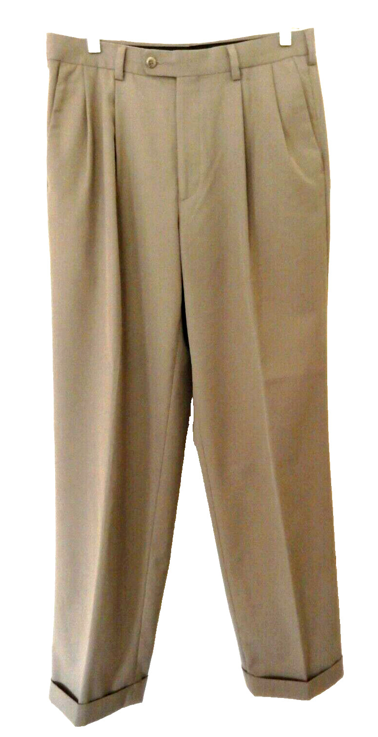 Perry Ellis Portfolio Pleated & Cuffed Dress Pants- 32 x 32, dark tan