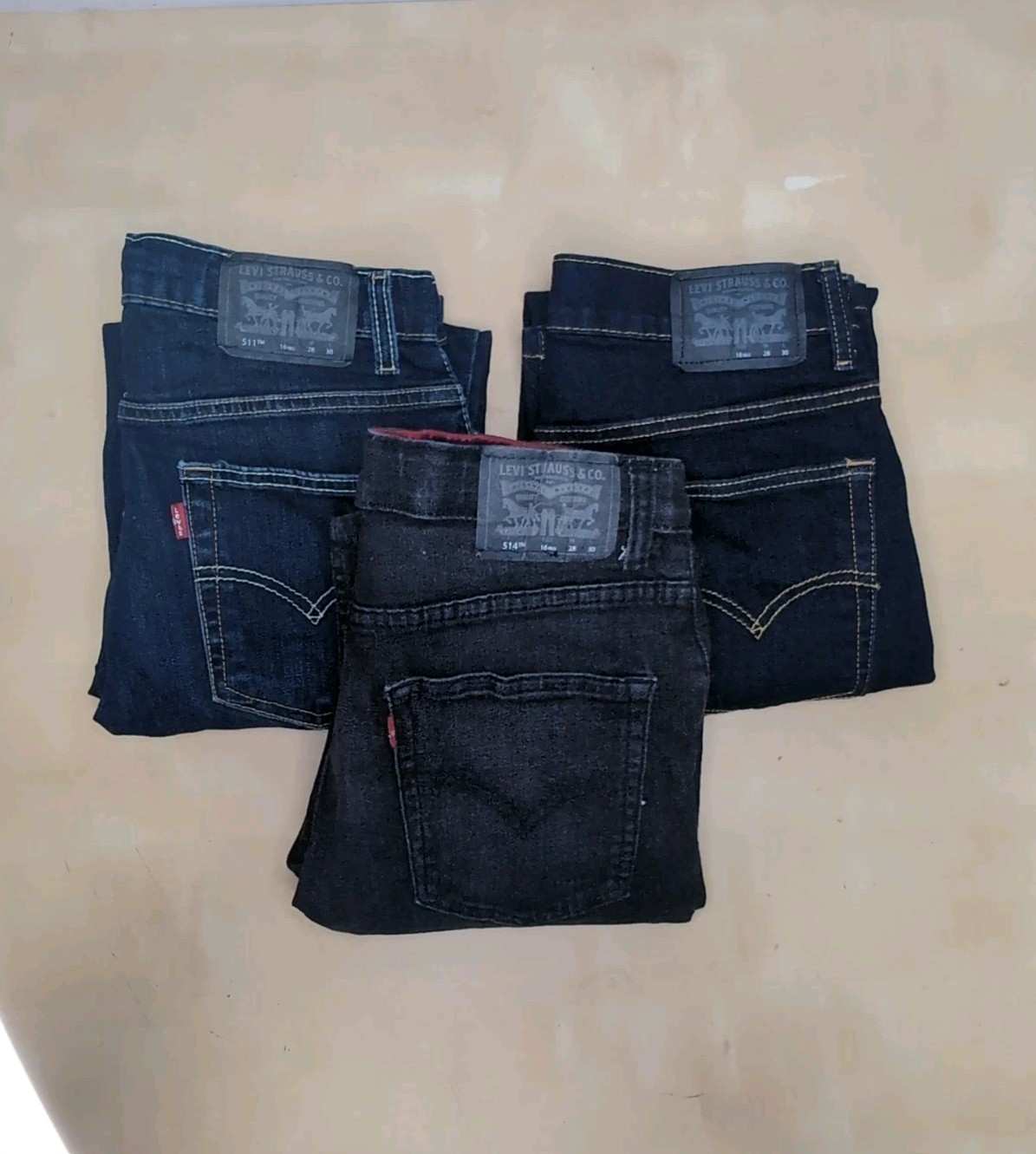 LOT of 3 Levi’s Boys Denim Jeans – (2) 511 Perf Slim, (1) 514 (Sz 16) 28×30