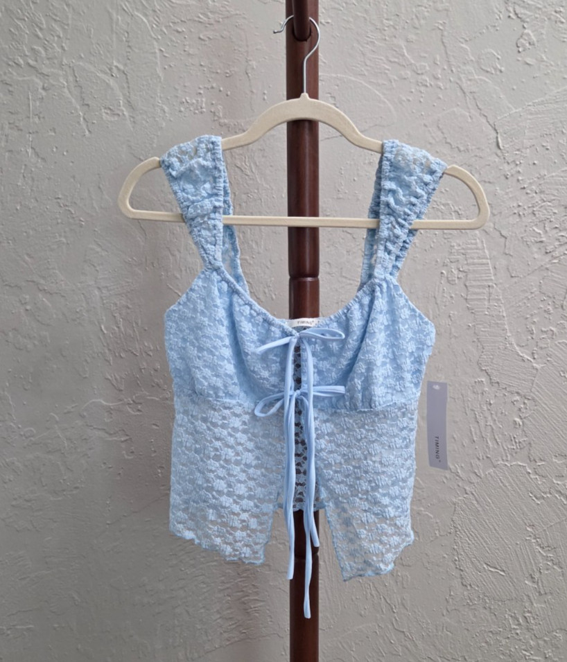 T161. Women’s Spring Summer Festival Blue Lace Tie-Front Top