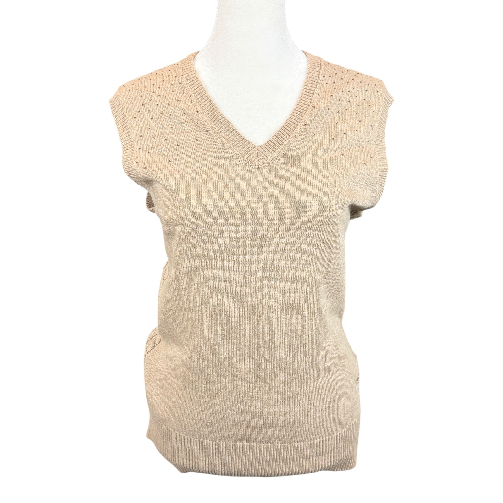 Golfino Sweater Vest Womens 8 Tan Rhinestone V-Neck Angora Blend Knit Luxury