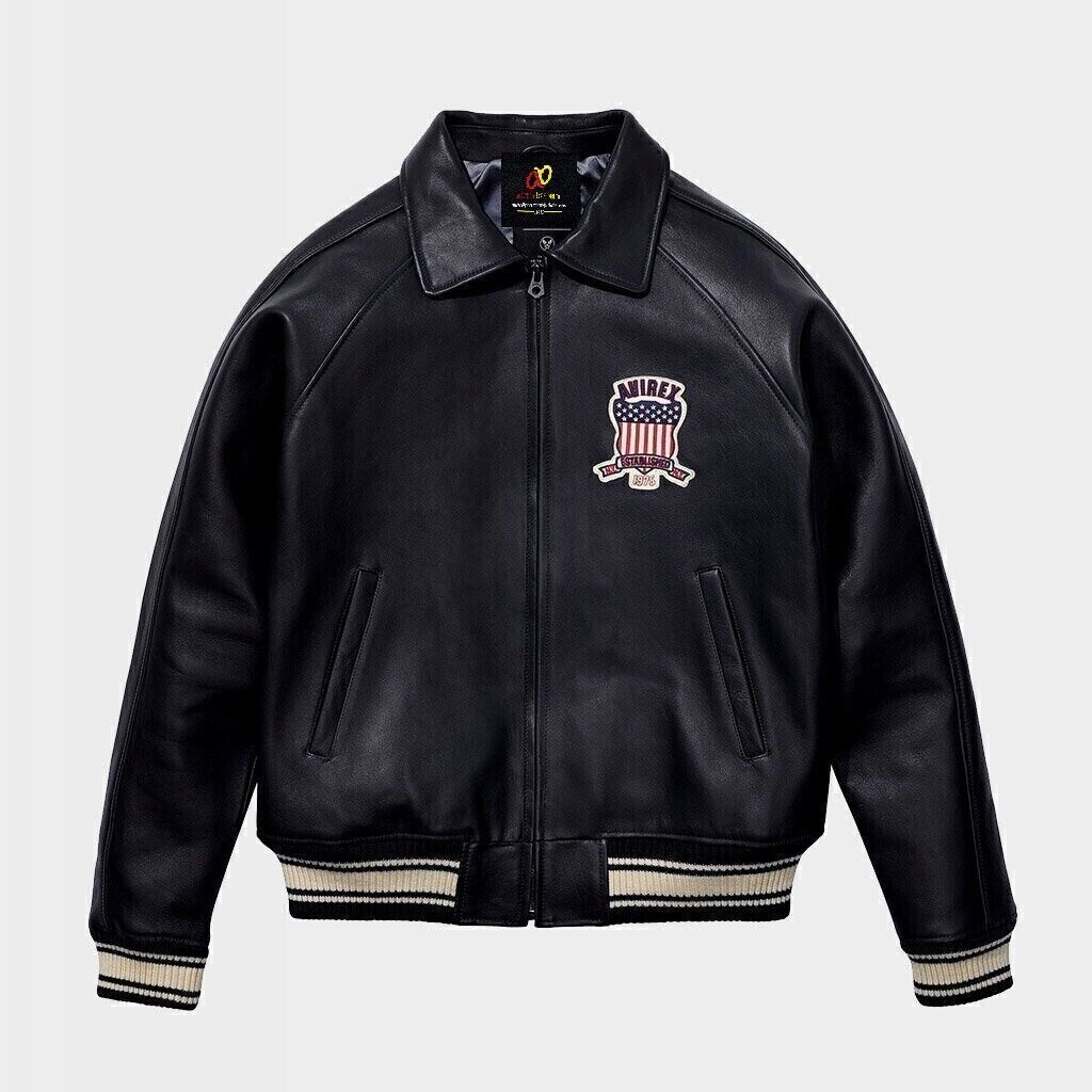 Men Avirex Black Real Bomber American Flight Jacket Leather Jacket-FAST SHIPPING