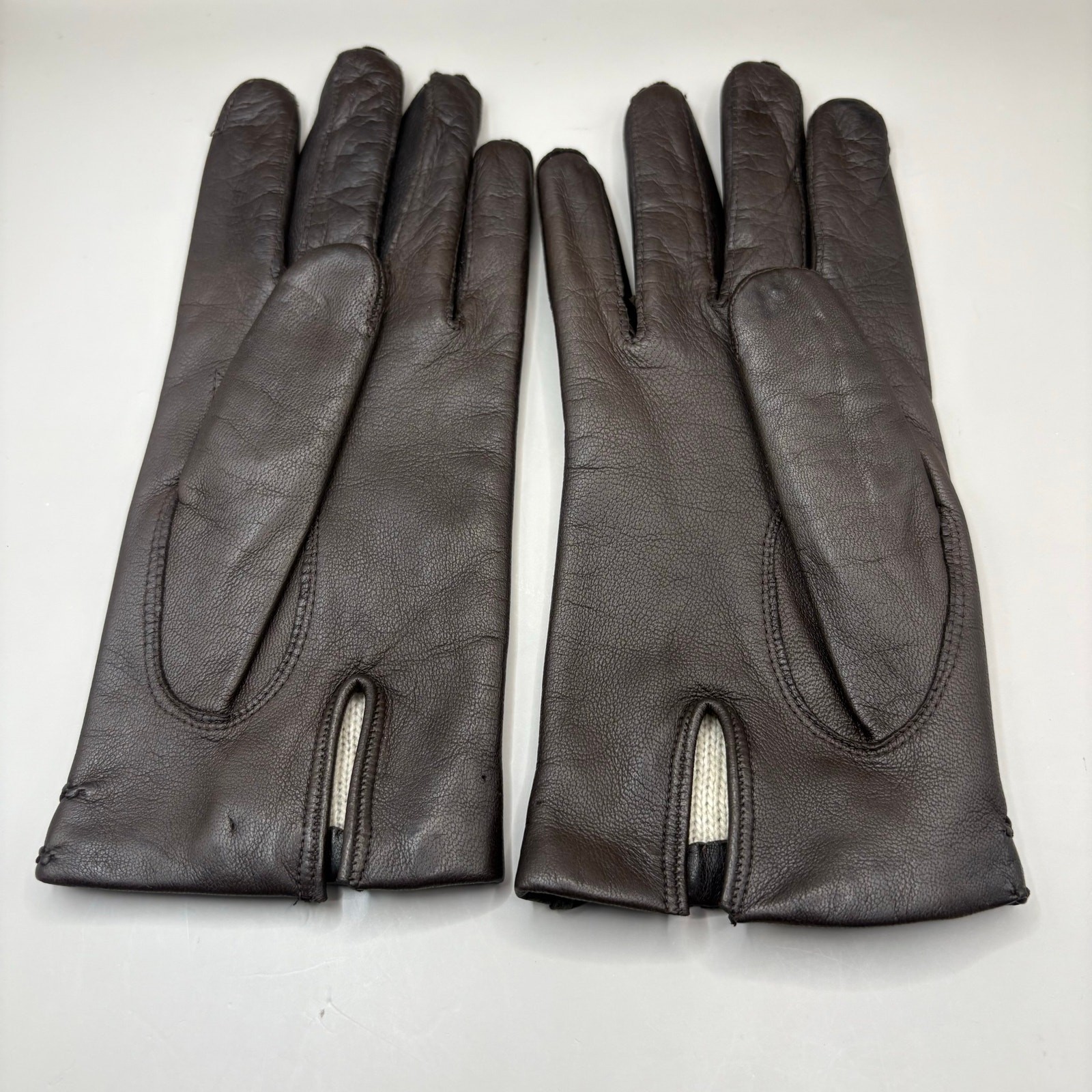 VTG Leather Gloves Sz 7 Brown Knit Fabric Lined Unbranded Braided Embellished