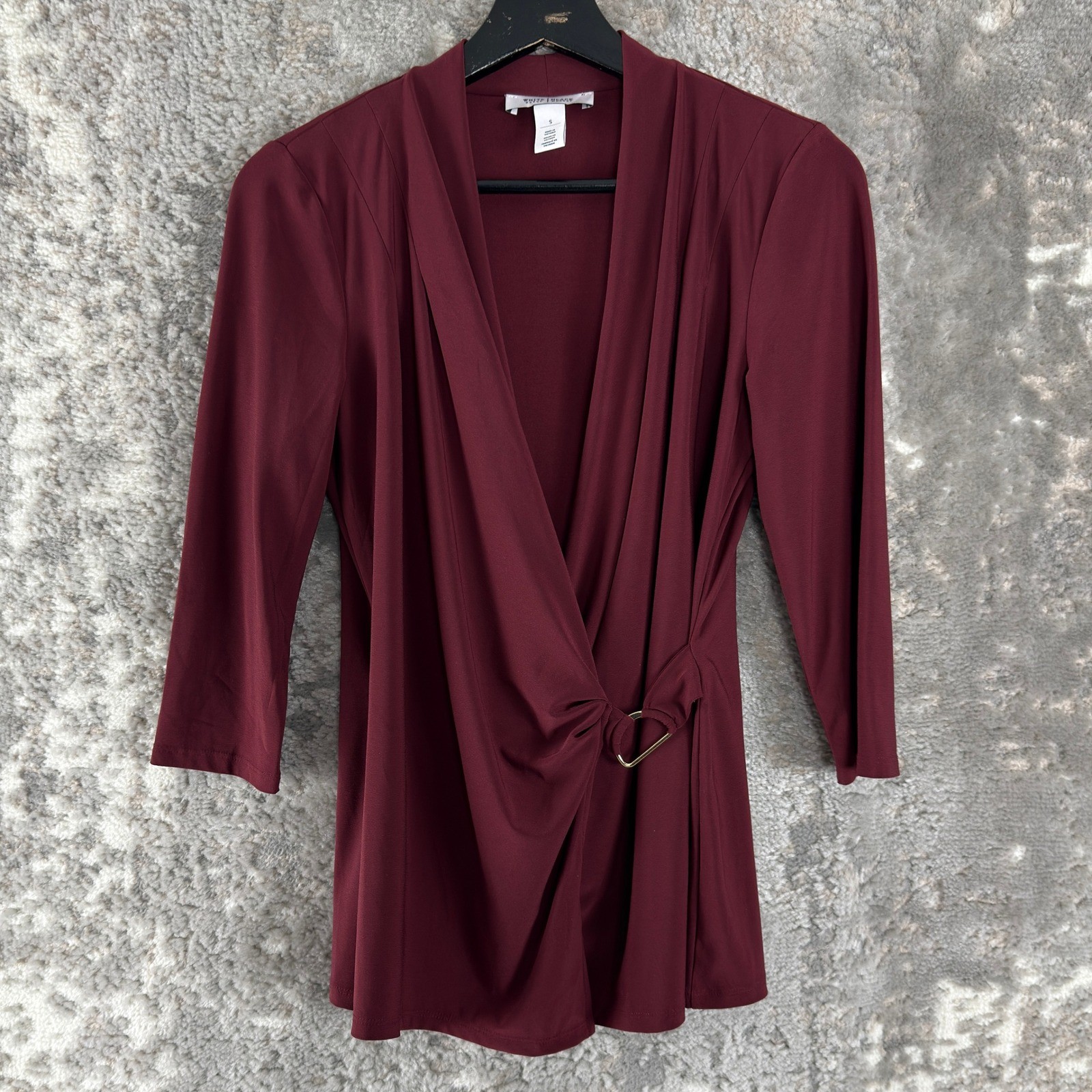 White House Black Market Size S Faux Wrap Ring Detail Blouse Burgundy 3/4 Sleeve