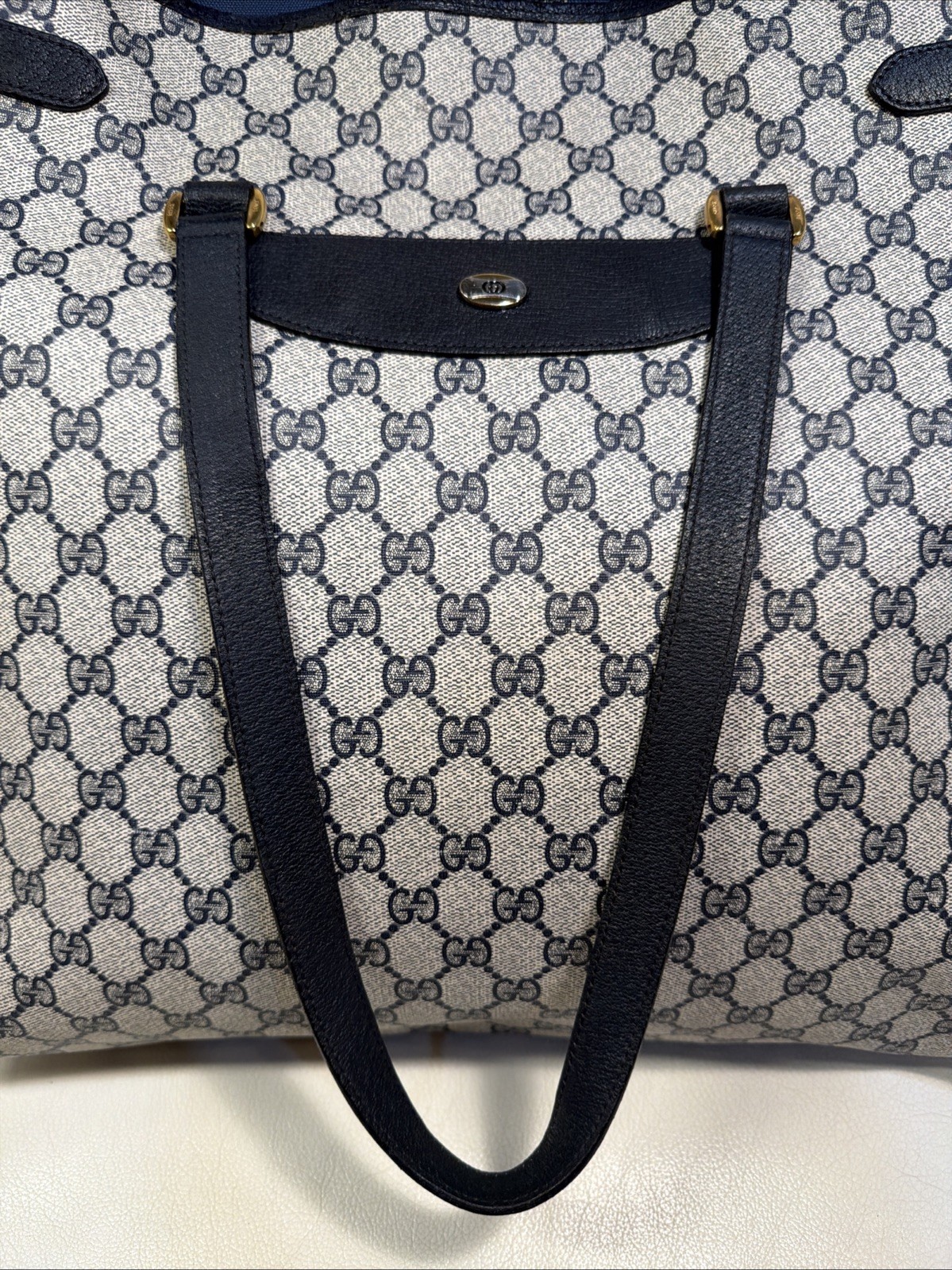 Gucci Tote Shoulder Bag Coated Canvas Gray Navy GG Pattern Accessories Collectio