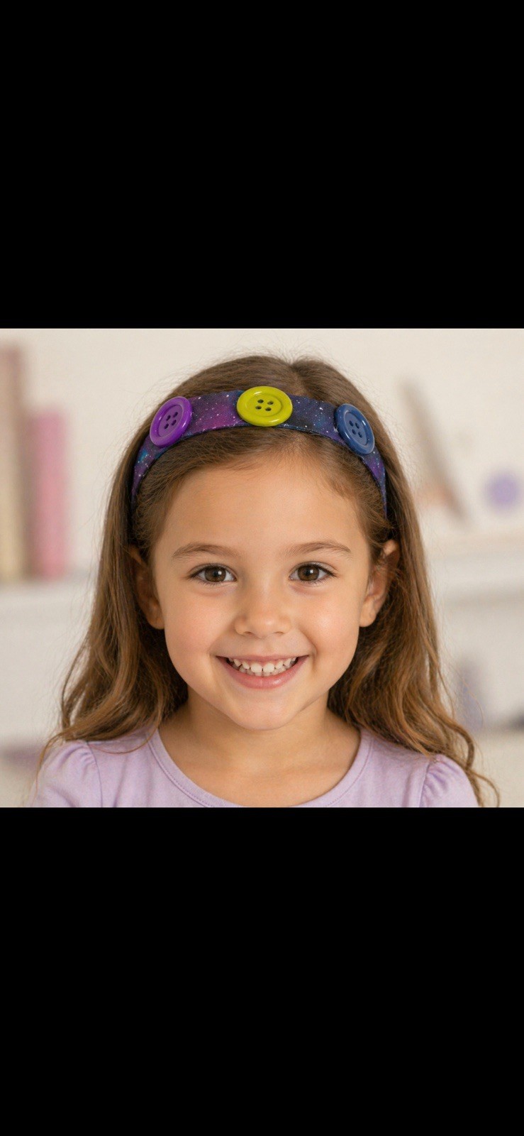 Girls Galaxy Print Fabric Headband, Multicolor Button Accents, Elastic One Size