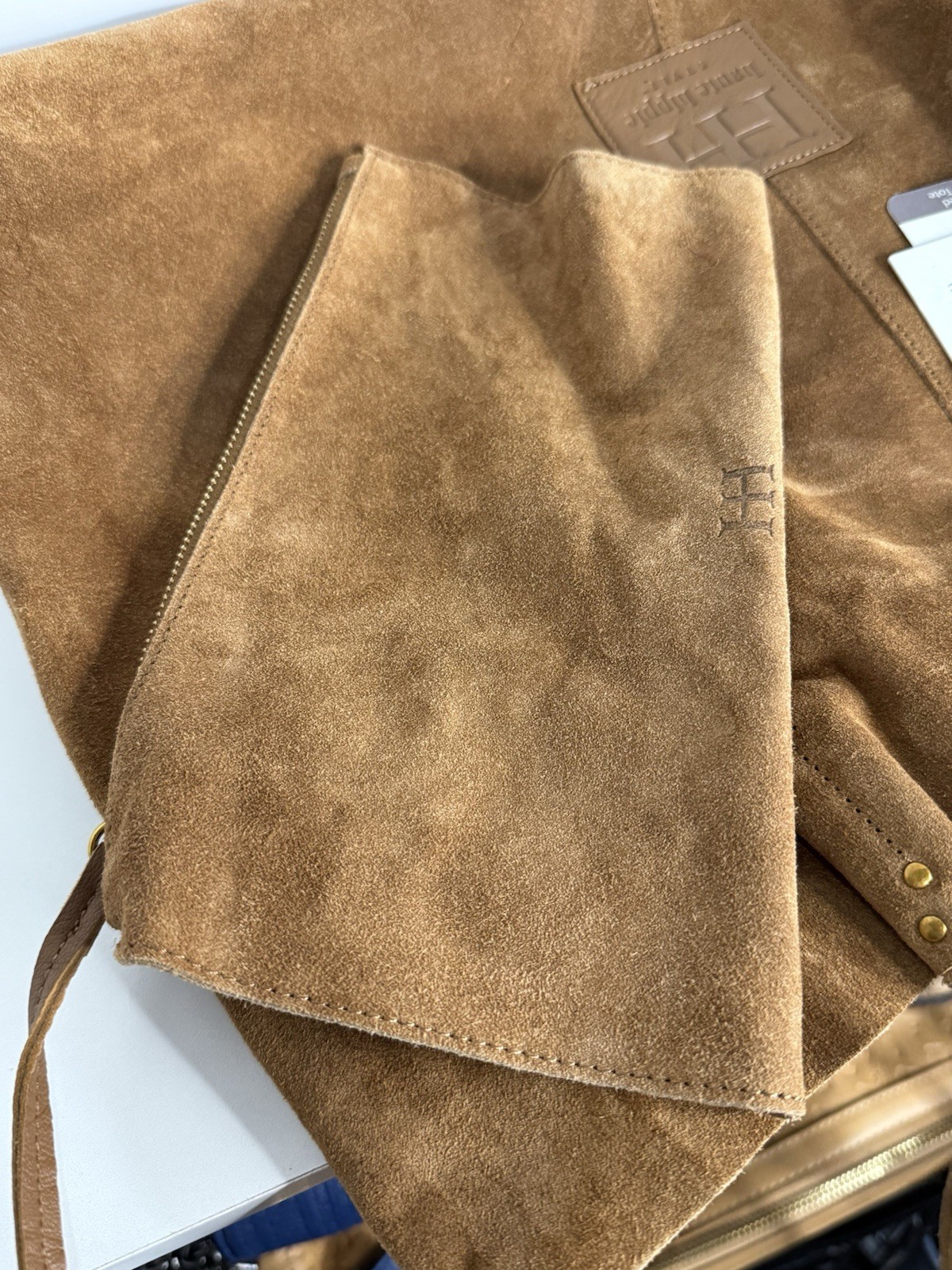 Haute Hippie Brown Cinched Tote Bag Gold Hardware Magnetic Closure, Zip Pouch