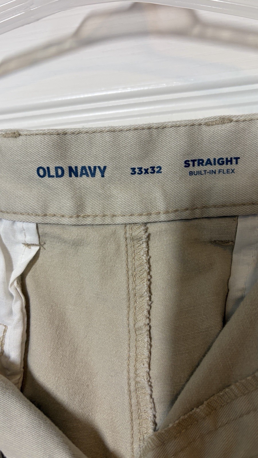OLD NAVY Built-In Flex Men’s Beige Twill Chino Pants Straight Fit 33 Button Zip