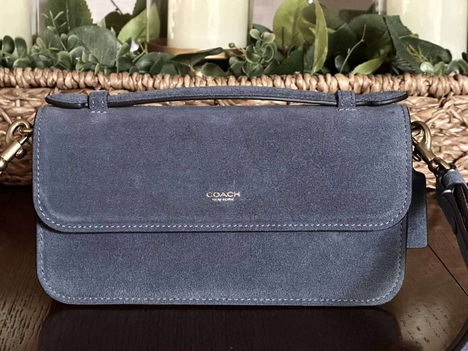 NIB Coach Elora Top Handle Crossbody Bag – Premium Suede Light Denim Color CDD59