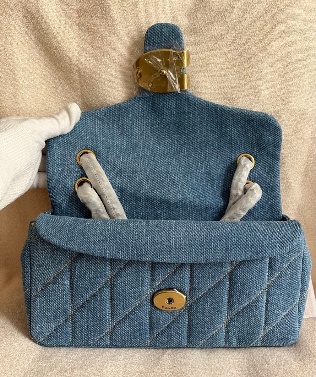 COACH Tabby Shoulder Bag Quilted Denim Leather Chain Strap 2-Way Blue 14x26x8cm