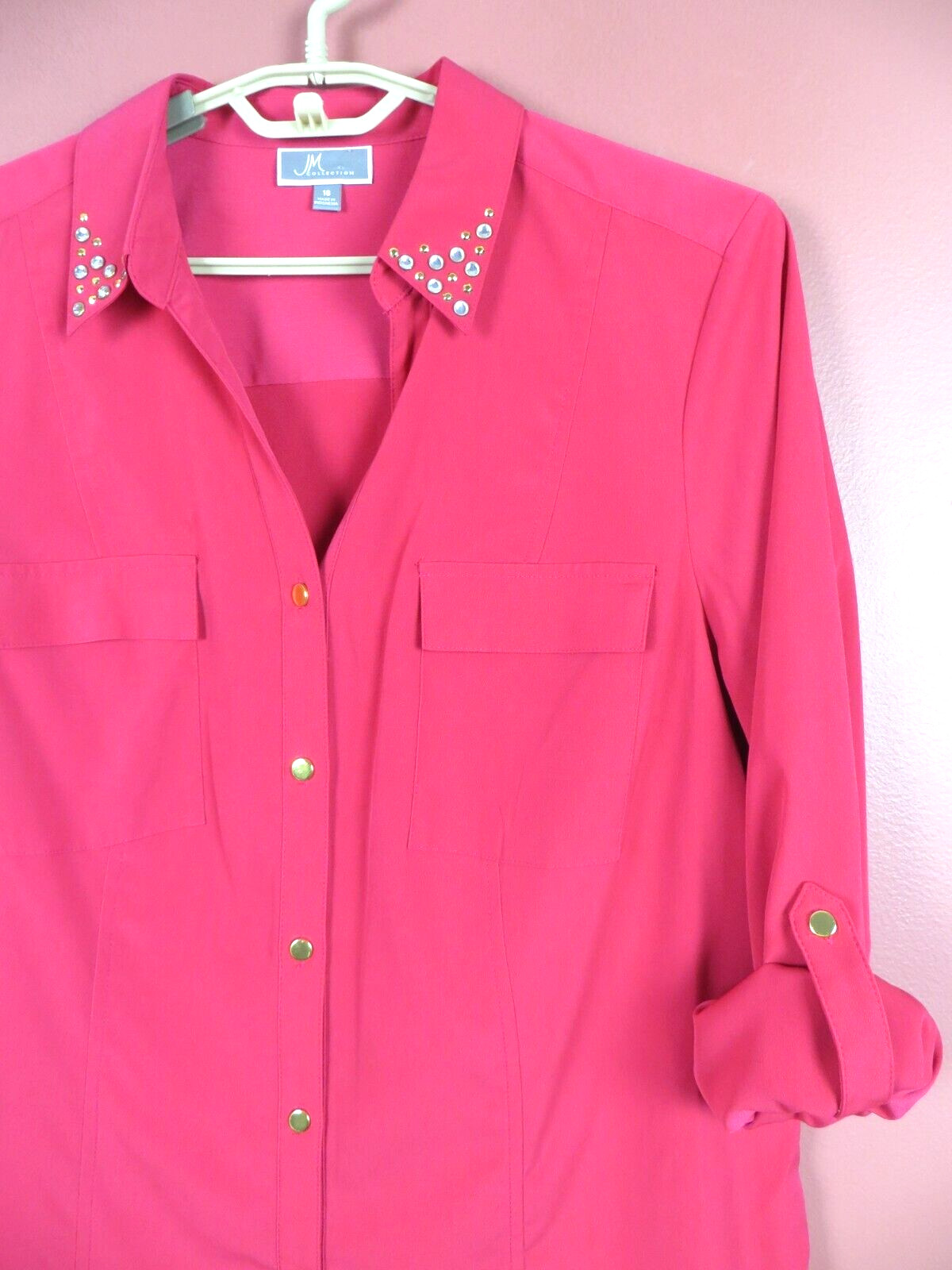 JM COLLECTION Women Slippery Polyester Blouse Pocket Beaded Dark Magenta Pink 16