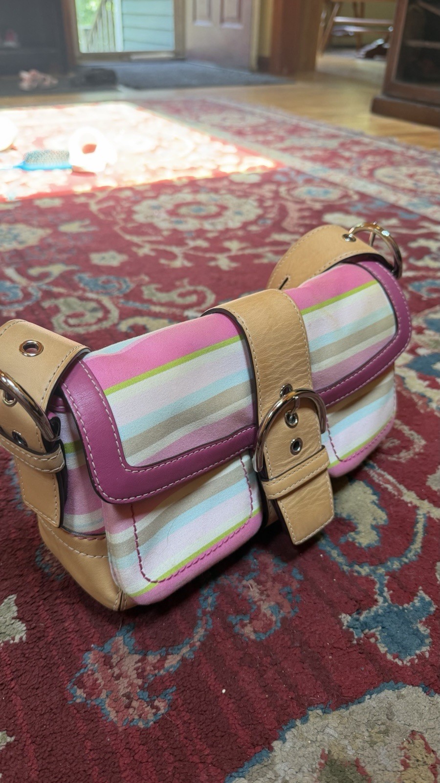 Coach Striped Multicolor Small Shoulder Bag w/ Detachable Strap Buckle Magnetic
