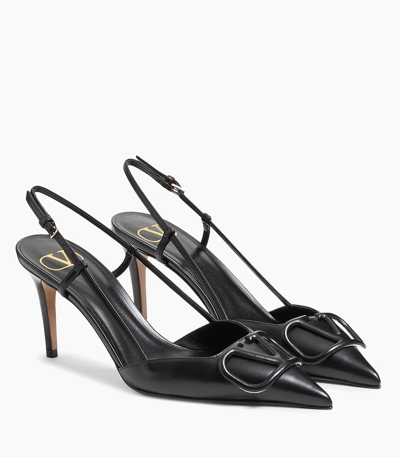 Valentino Black Leather Slingback Stiletto Pointed Toe Women’s Heels Logo Accent