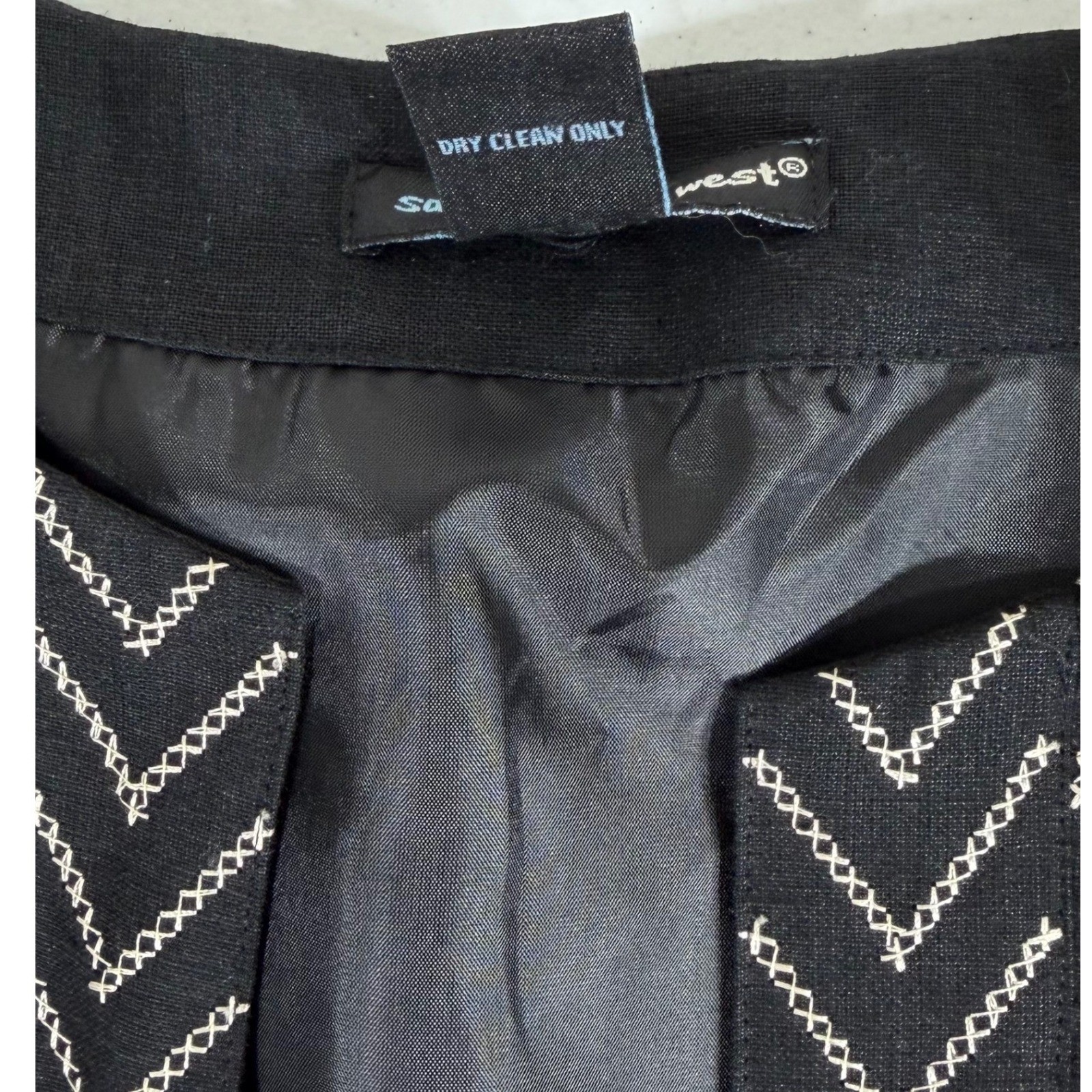 Saint Tropez West Linen Blazer Jacket Large Black Floral Embroidered Hook & Eye