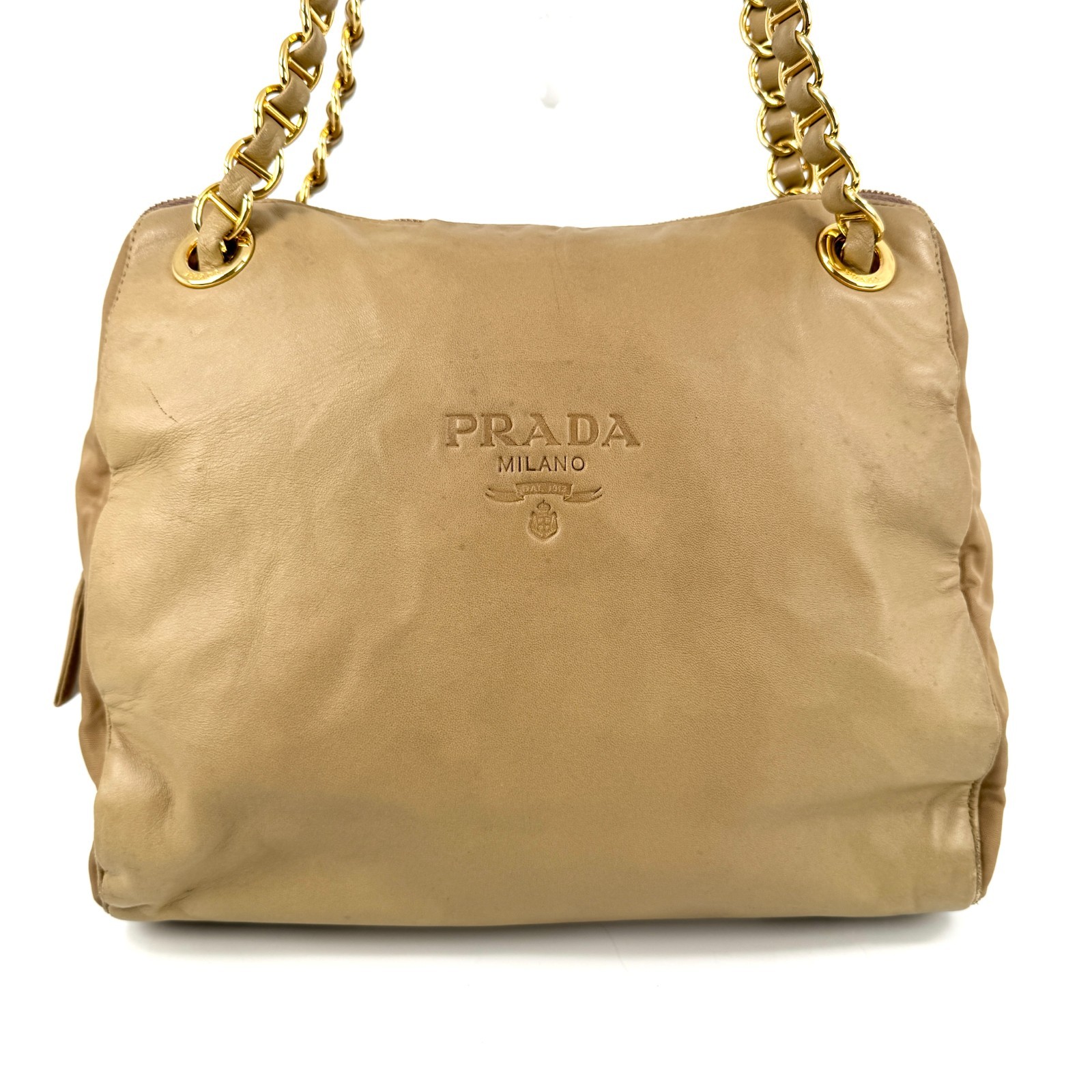 PRADA Double Chain Leather Shoulder Bag Embossed Authentic Beige From Japan