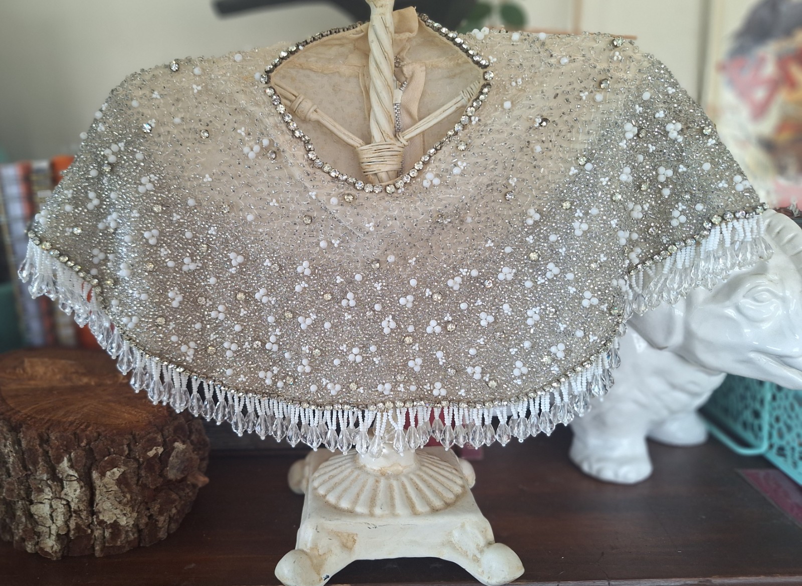 Women’s Formal Ivory Beaded Rhinestone Collar w/ Crystal Fringe Hook & Eye