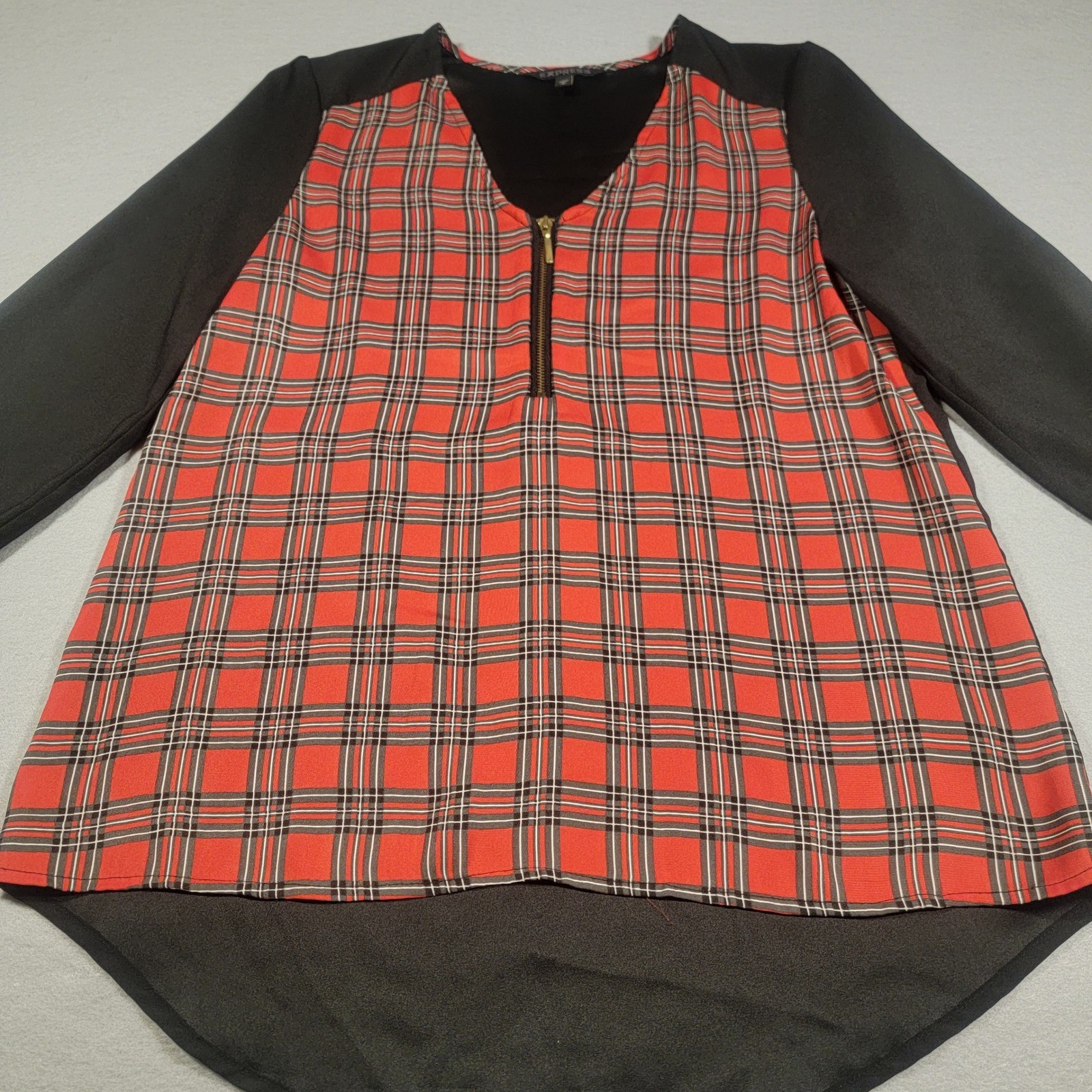 Express Plaid Zip Front Blouse Red Black 3/4 Sleeve High-Low Hem Women’s Small