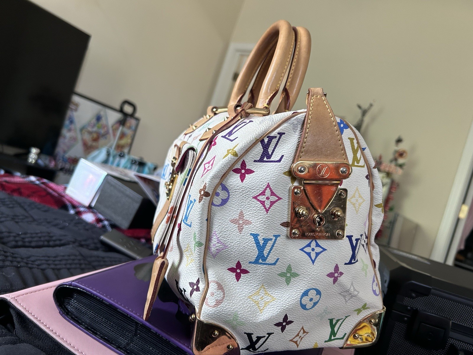 Louis Vuitton Takashi MurakamiWhite Multicolor Speedy 30Handbag Purse Tote