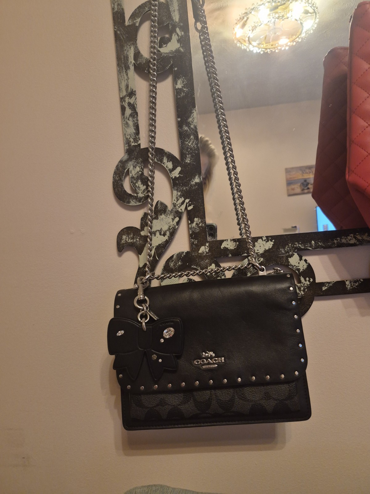 Coach Black Logo Crossbody Bag Studded Bow Chain Strap Detachable Strap