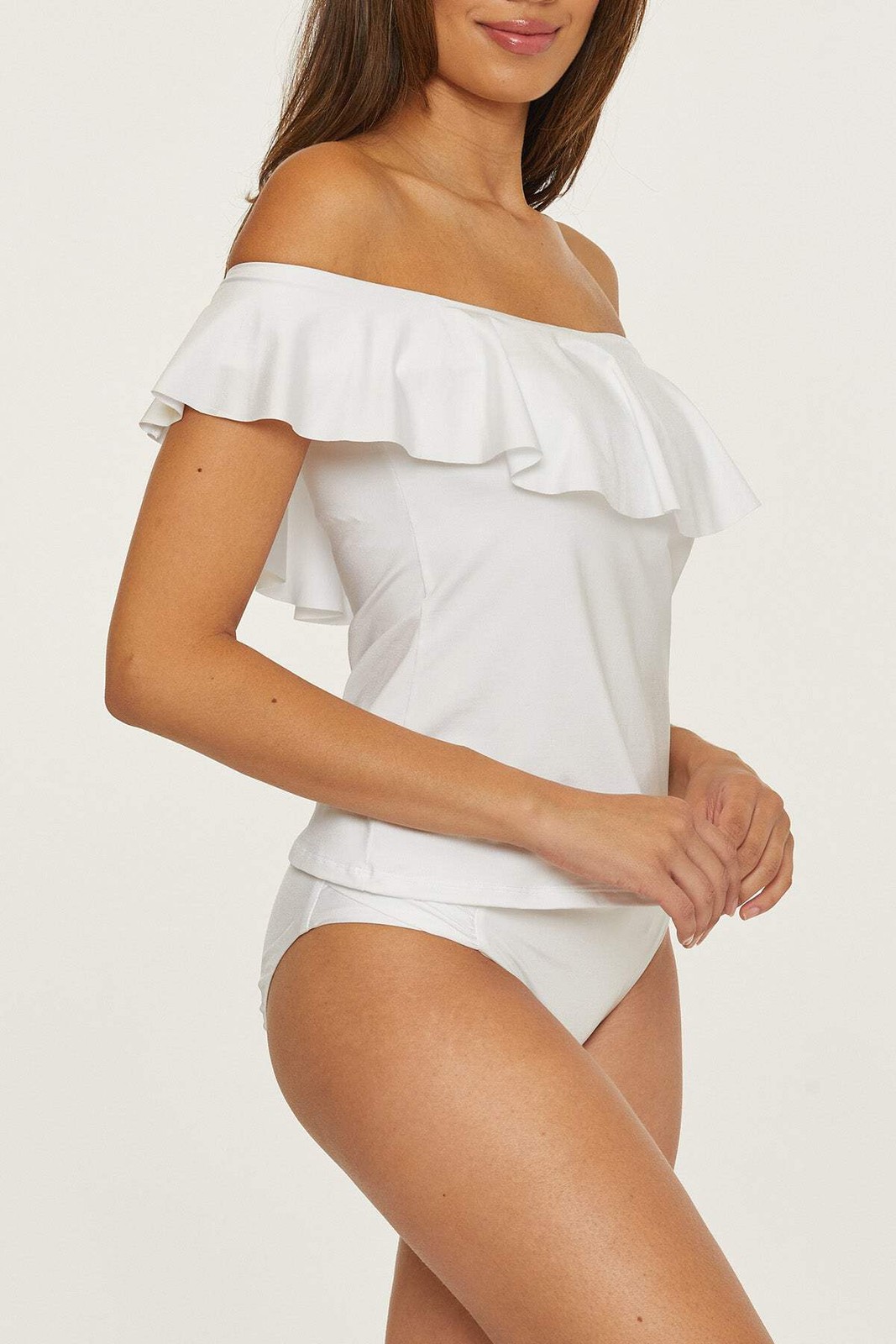 Trina Turk Monaco Ruffle Off Shoulder Tankini Top Womens Swimwear Multi Color