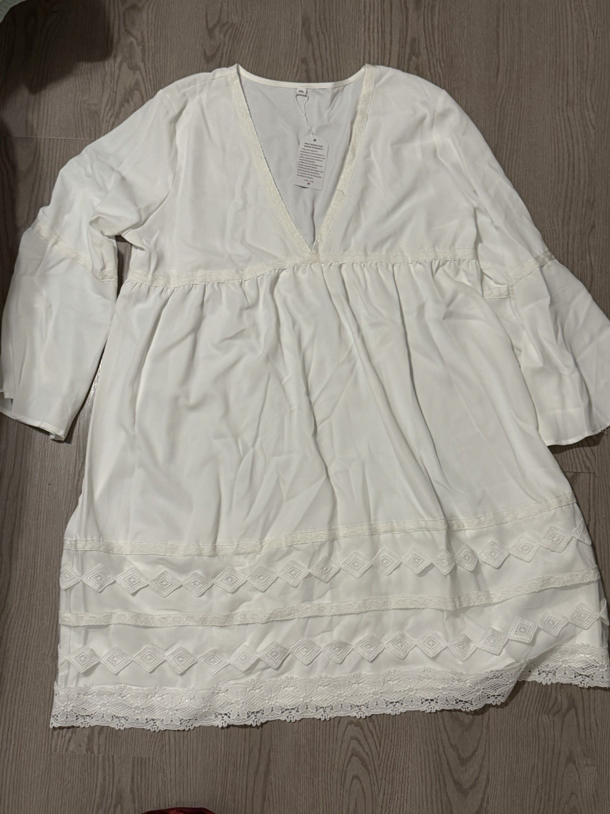 Women’s White Solid Lace Trim V-Neck Pullover Blouse XXL 3/4 Sleeve