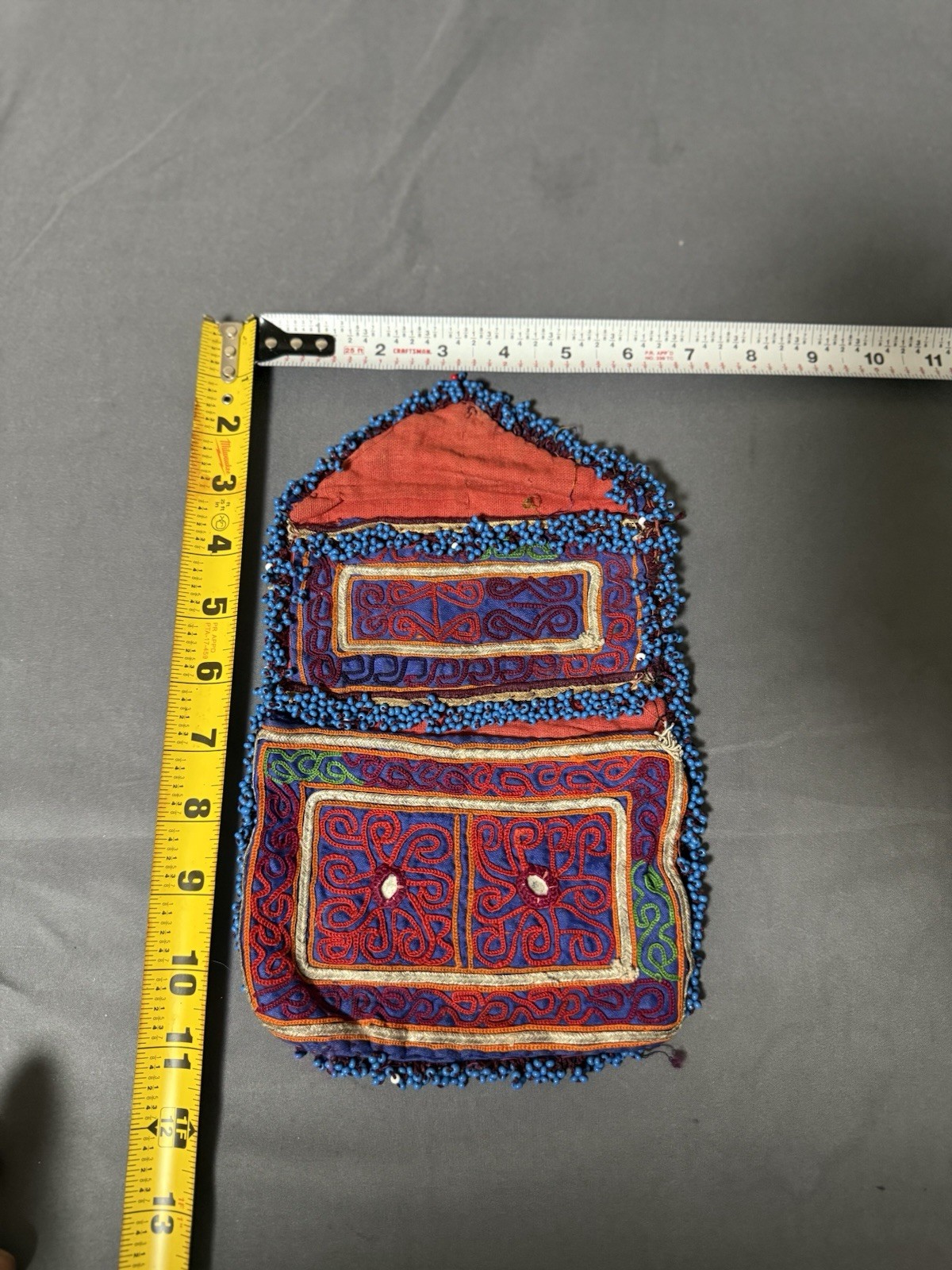 Vintage Afghan Kuchi Tribal Embroidered Beaded Textile Pouch Folk Art