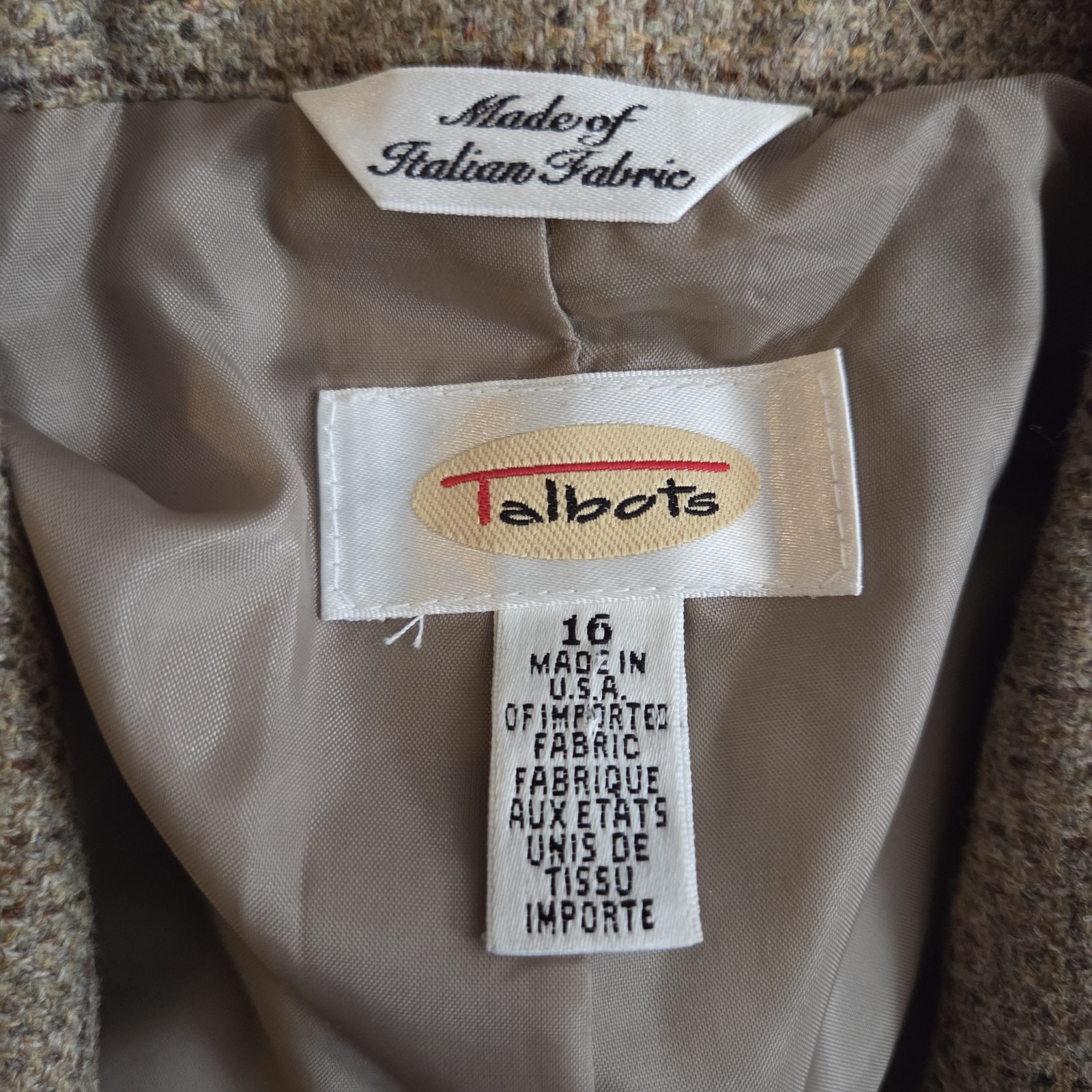 VTG Talbots Blazer 100% Italian Wool Tweed Earthy Neutrals Plaid Sz 16 Preppy