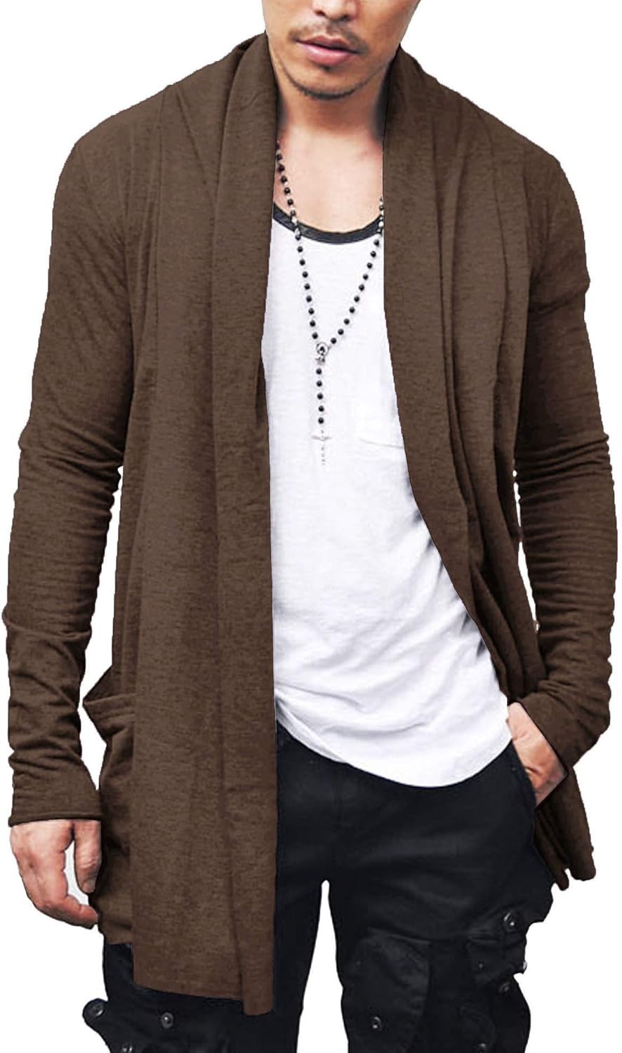 Men’s Lightweight Open Front Cardigan Longline Drape Sweater with Pockets Shawl