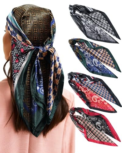 35.5” Large Square Satin Scarf for Hair – 4Pcs Printed Like Silk Head Scarf