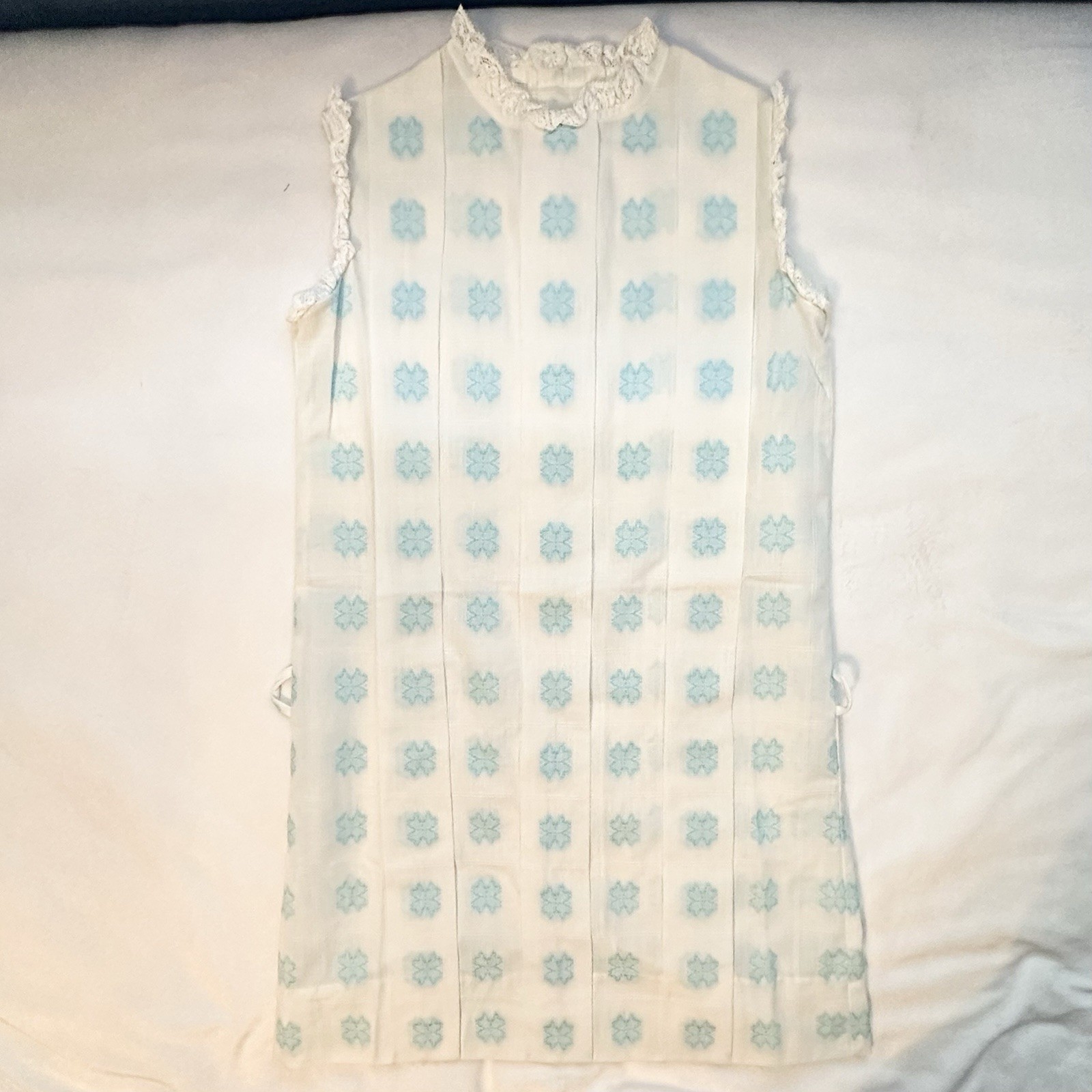 Vintage Ever-Press Alyssa 70s Sleeveless Ivory& Blue Clover Shift Dress Girls XL