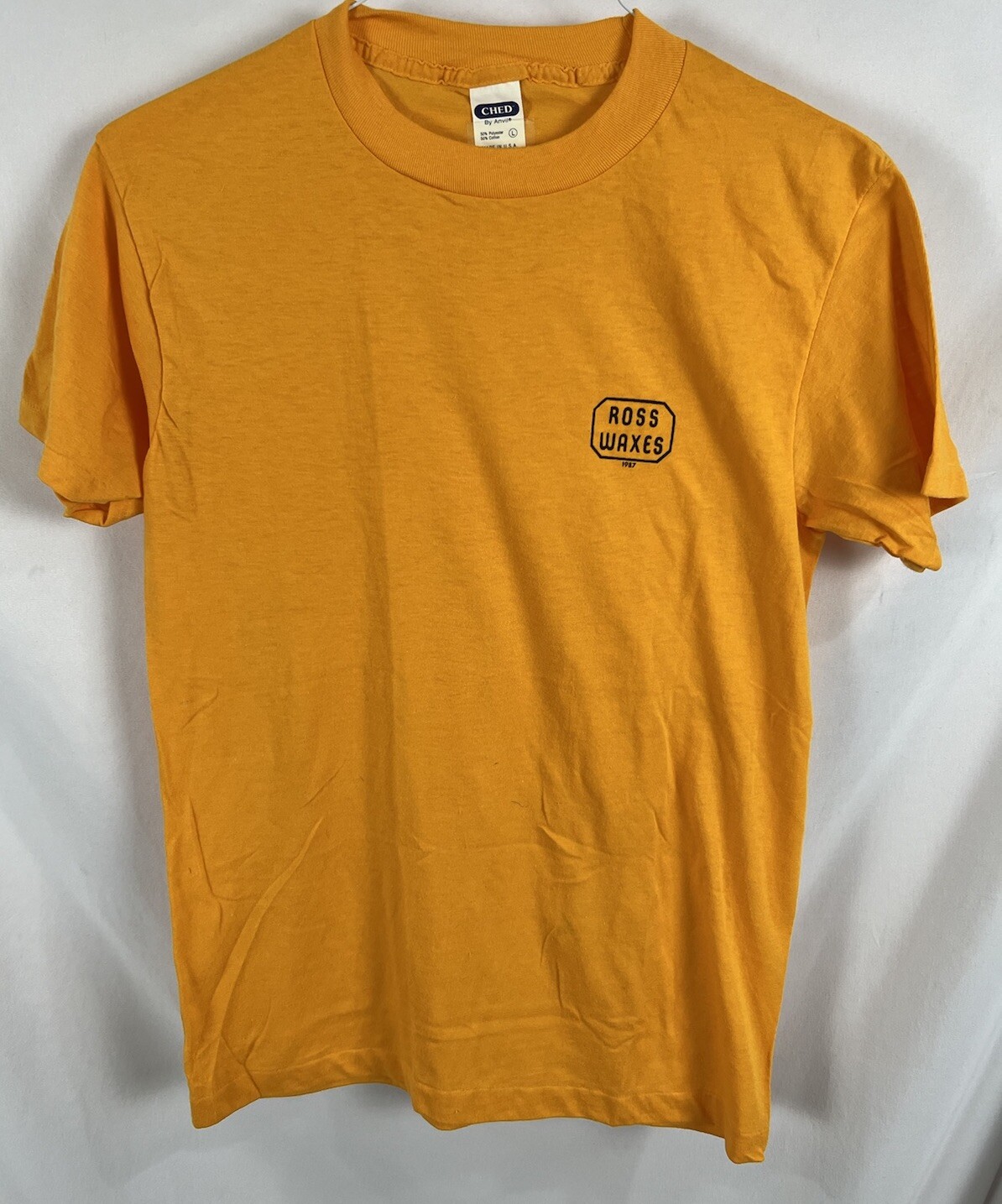 Vintage 1987 Ross Wax’s On Shirt Ched By Anvil Men’s Large Yellow USA 80s S/S
