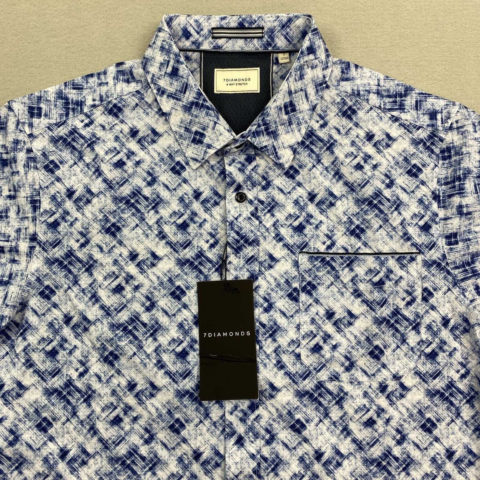 7 Diamonds Shirt Mens Large Blue Button Up 4 Way Stretch Geometric Short Sleeve