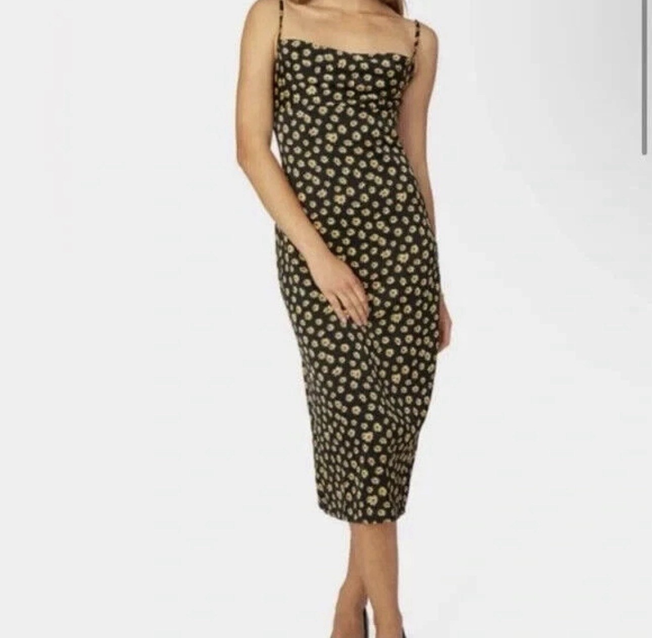 WEWOREWHAT Black Yellow Floral Satin Slip Dress Cowl Neck Midi Women’s 14
