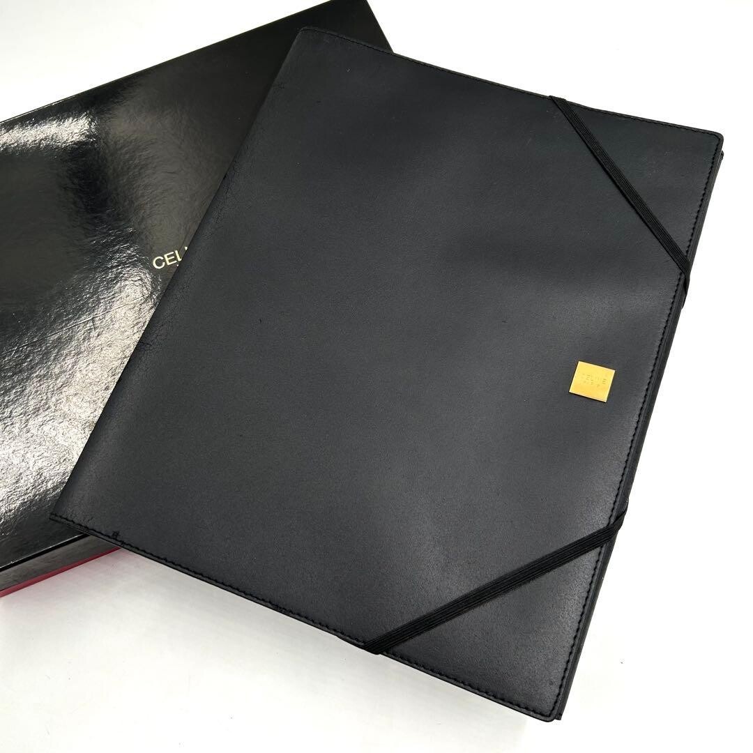 CELINE Black Leather Clutch Bag File Case Square Gold Logo Plate 675 Women’s