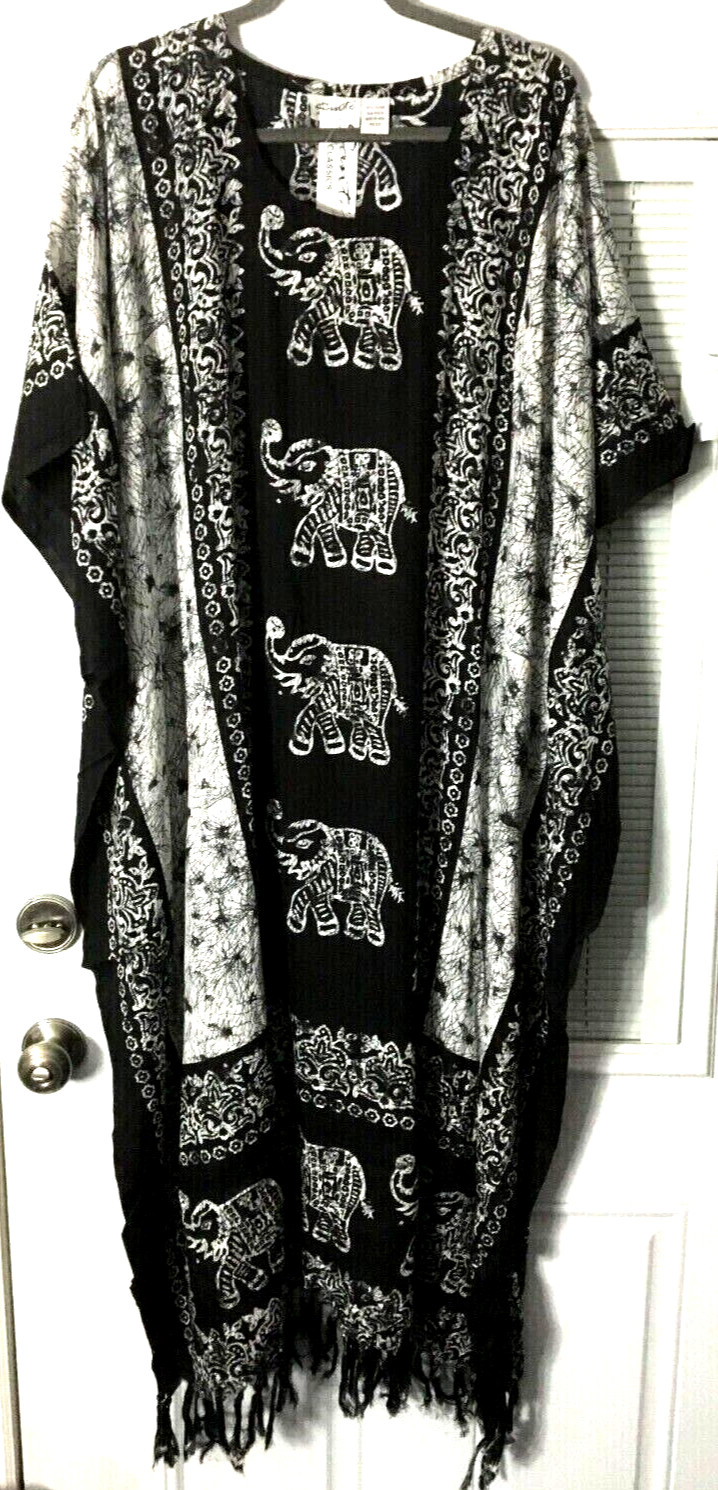 NEW SANTE 100% RAYON 2X 3X MUMU KAFTAN CAFTAN HOUSE DRESS BLACK WHITE ELEPHANTS