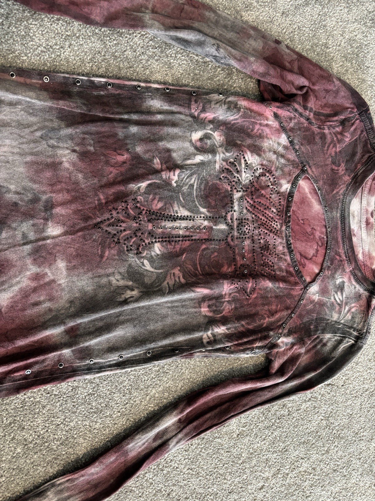 Affliction Purple Gray Tie Dye Embroidered Skull Crewneck Tee Long Sleeve S